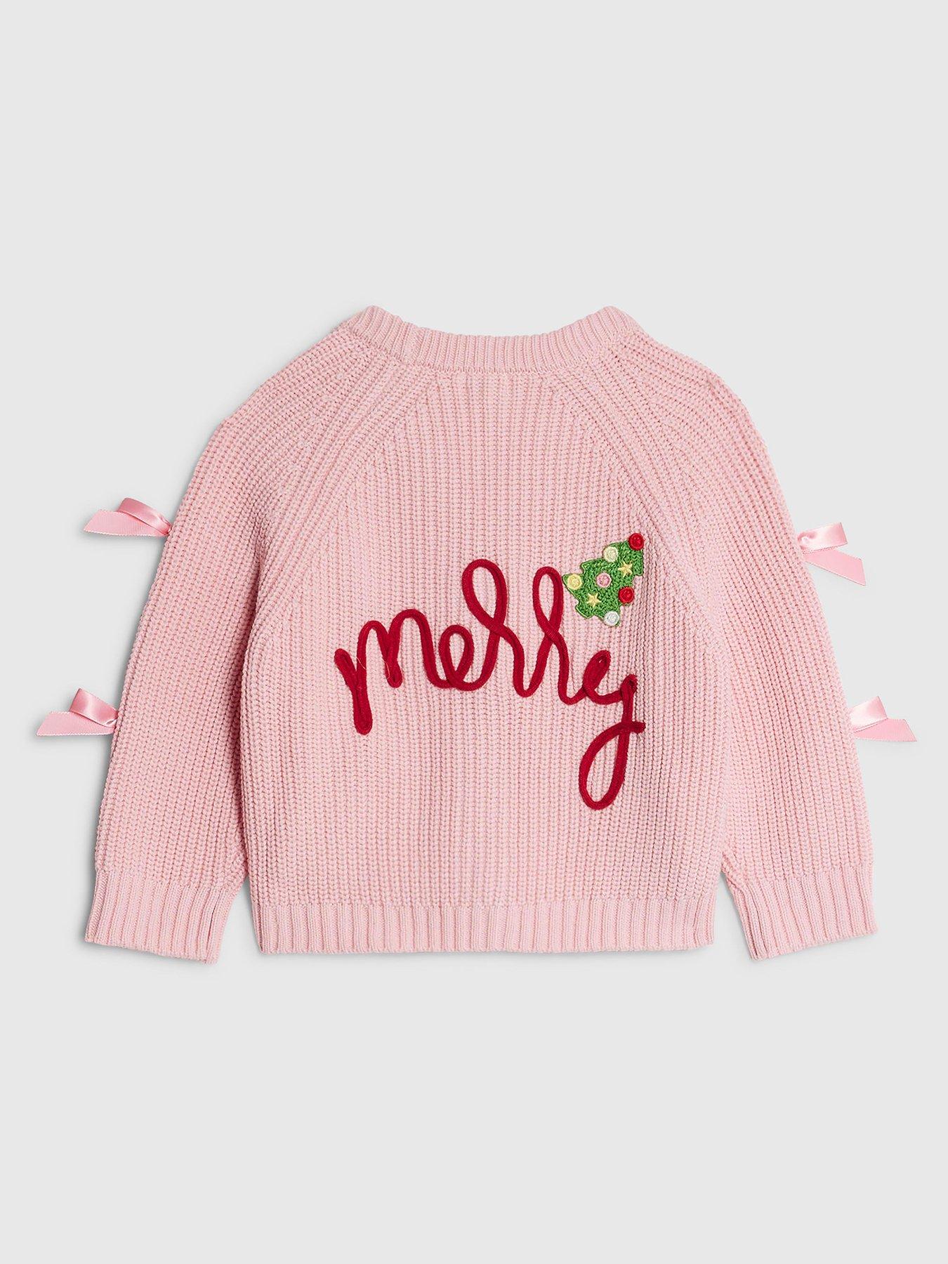 Image 2 of 4 of River Island Mini Girls Bow Christmas Cardigan - Pink