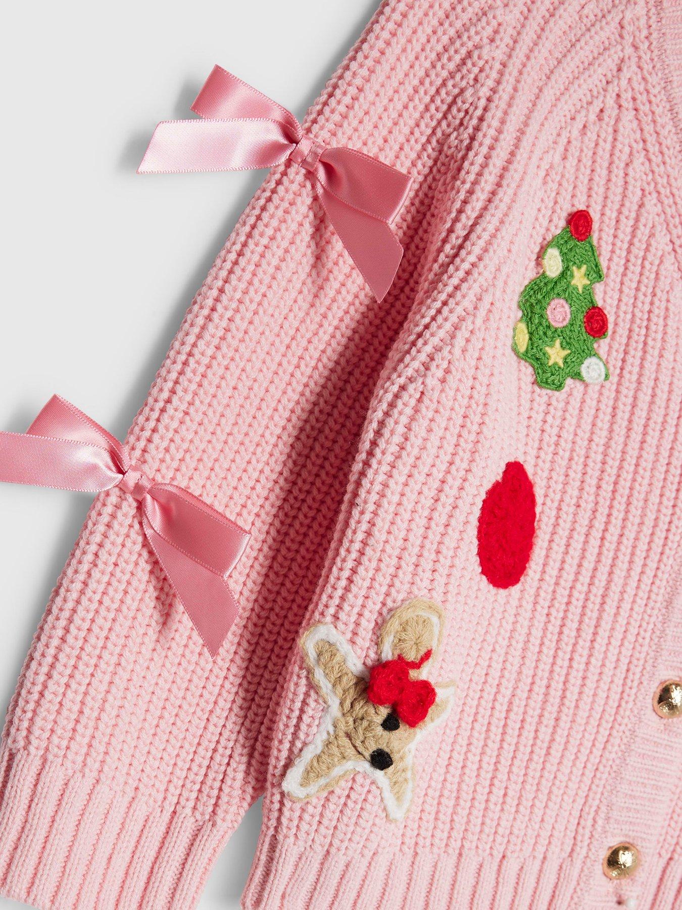 Image 3 of 4 of River Island Mini Girls Bow Christmas Cardigan - Pink