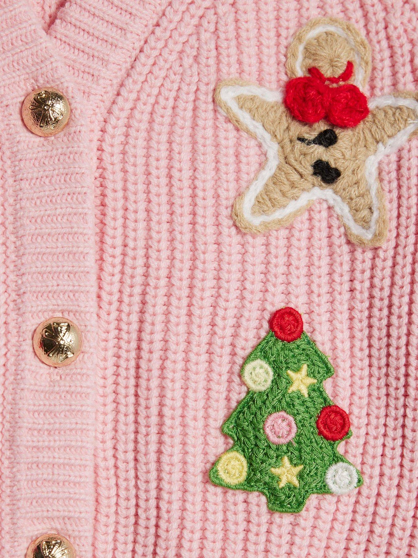 Image 4 of 4 of River Island Mini Girls Bow Christmas Cardigan - Pink