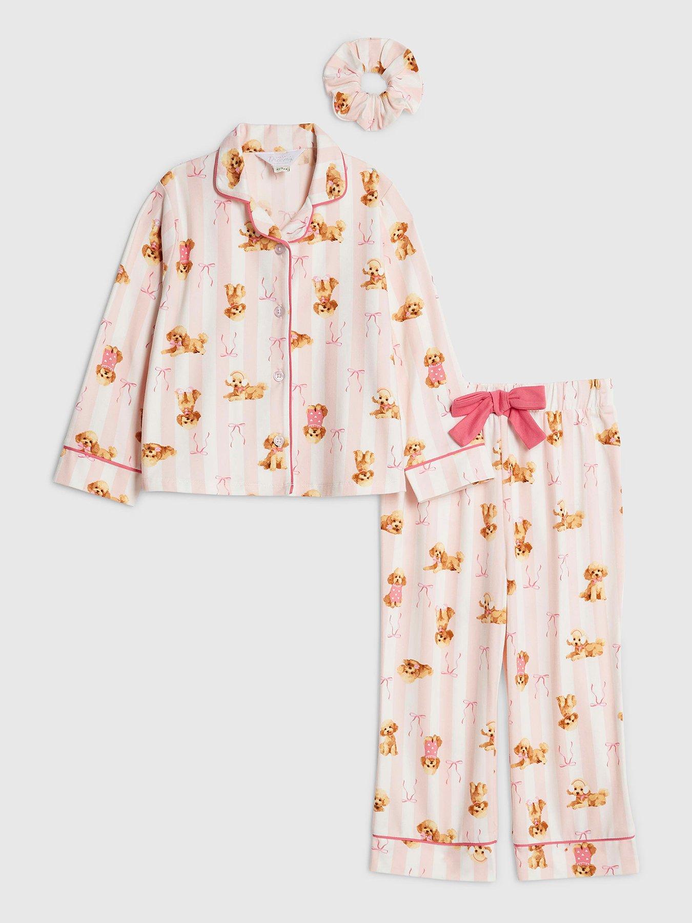  image of river-island-mini-girls-puppy-bow-stripe-pyjama-set-pink
