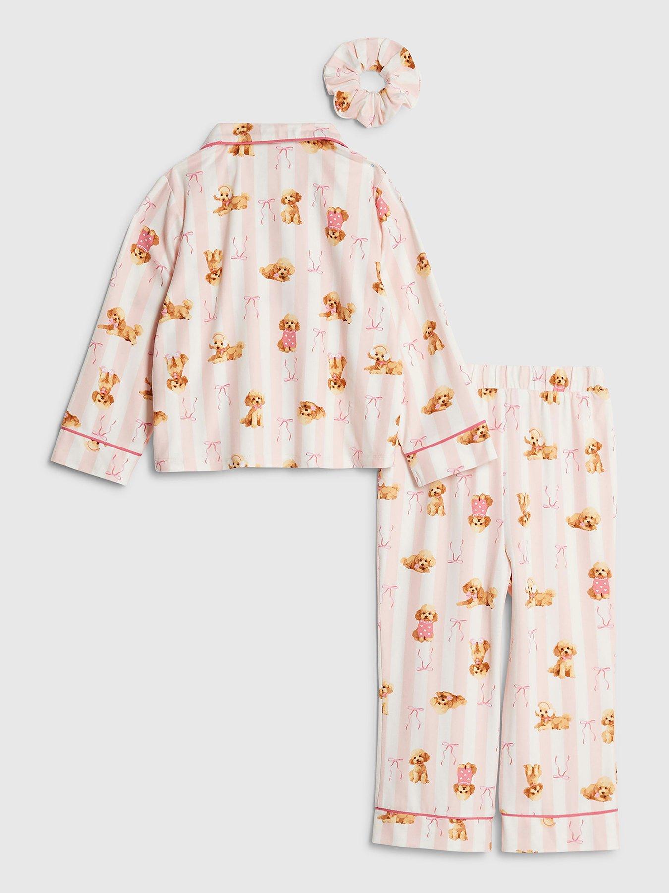  image of river-island-mini-girls-puppy-bow-stripe-pyjama-set-pink
