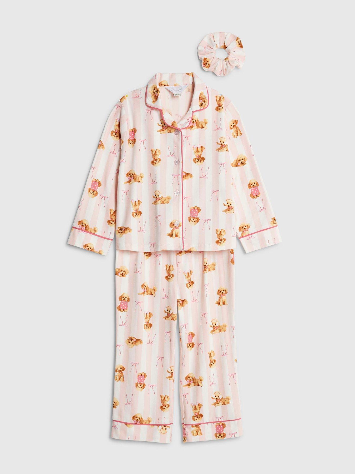  image of river-island-mini-girls-puppy-bow-stripe-pyjama-set-pink