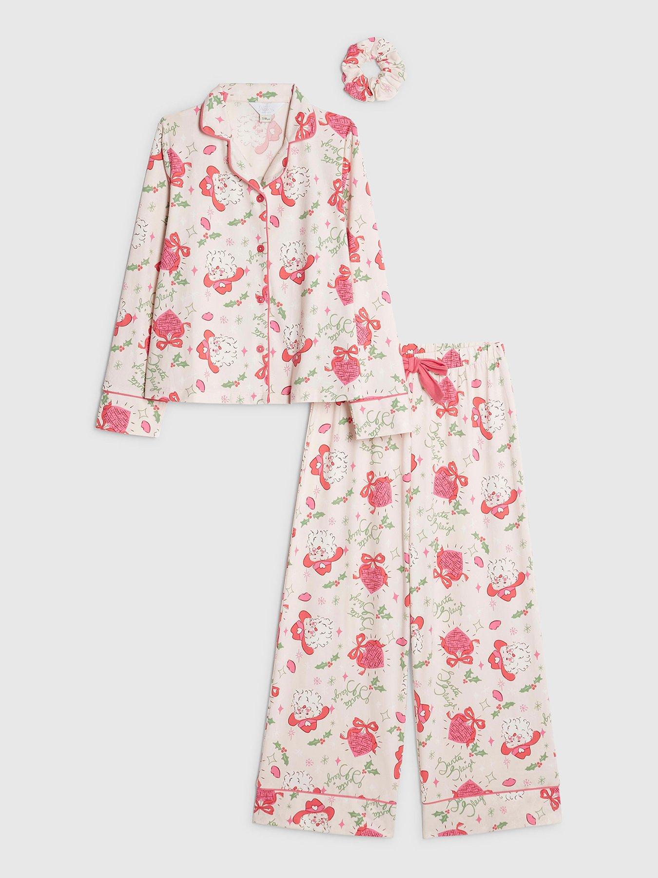 front image of river-island-older-girls-santa-sleigh-pyjama-set-pink