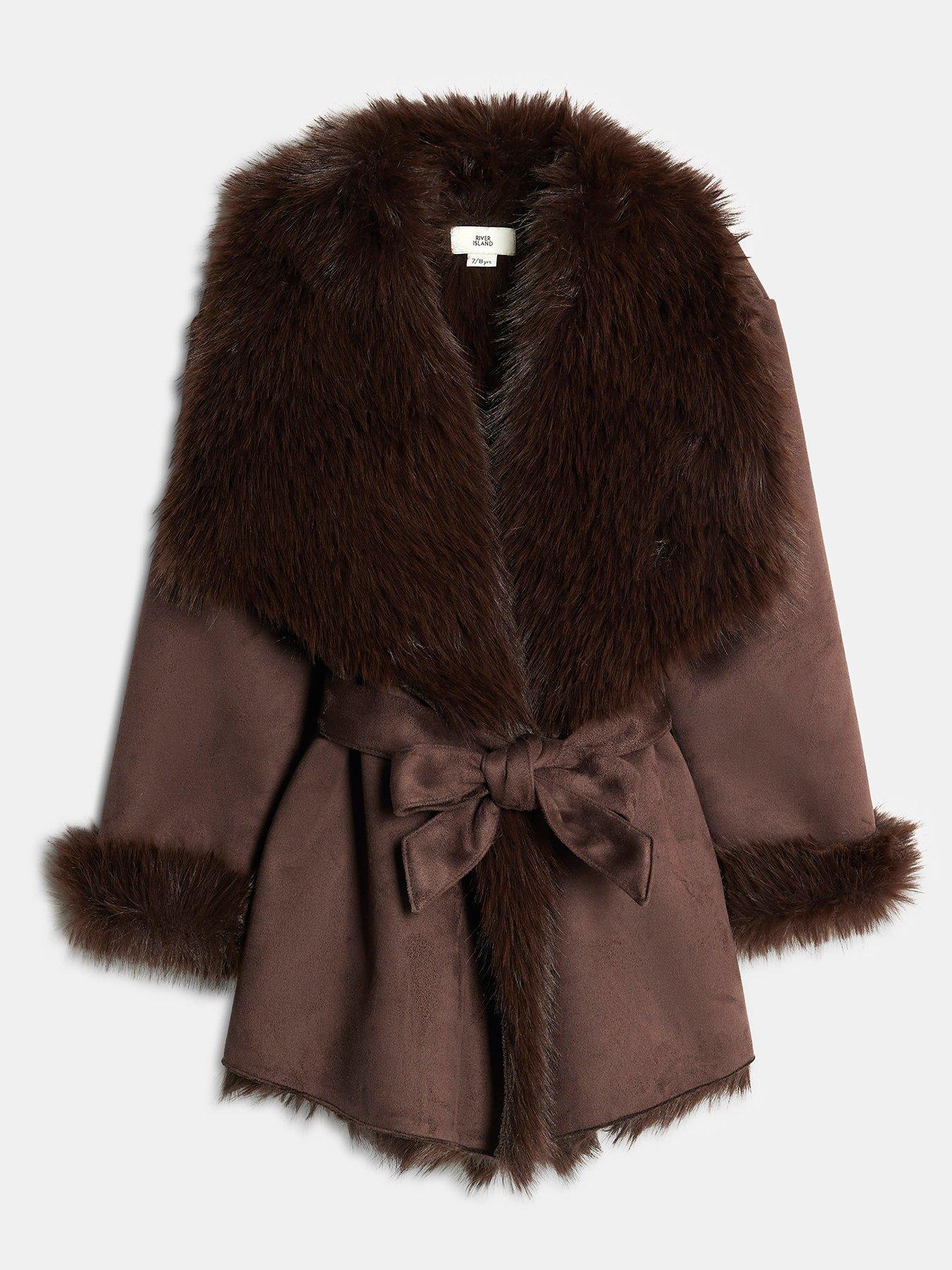 Image 2 of 4 of River Island Older Girls Faux Fur Suede Coat - Brown