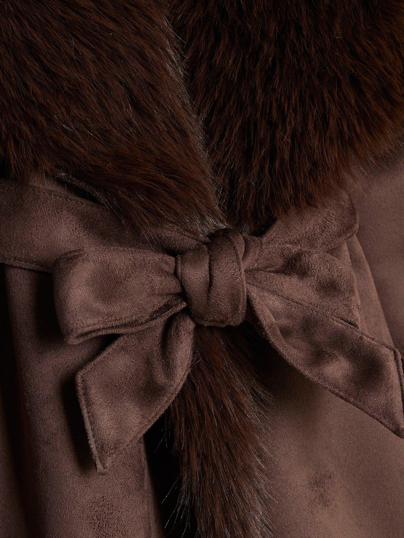 Image 4 of 4 of River Island Older Girls Faux Fur Suede Coat - Brown