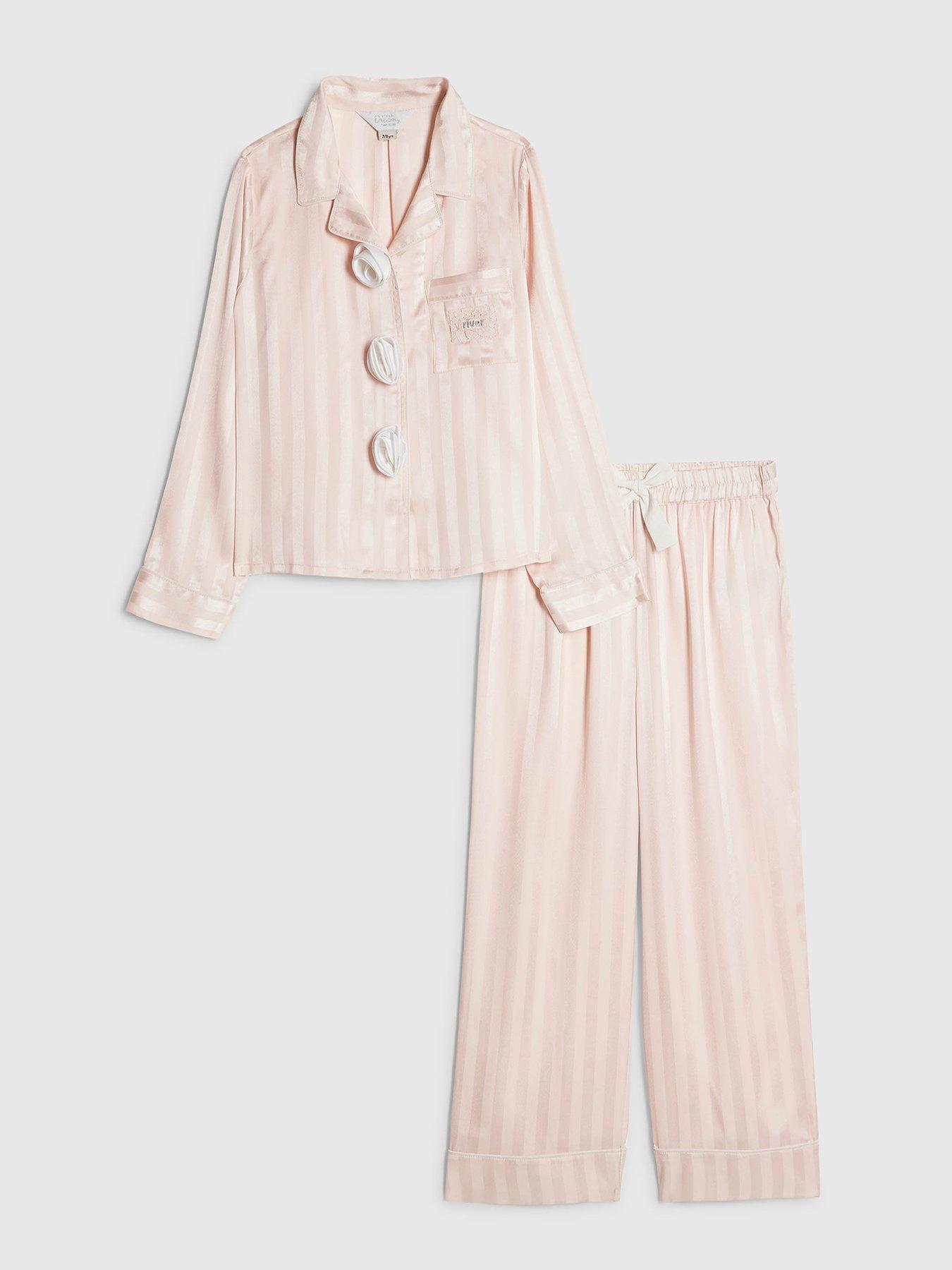front image of river-island-older-girls-corsage-satin-pyjamas-set-pink