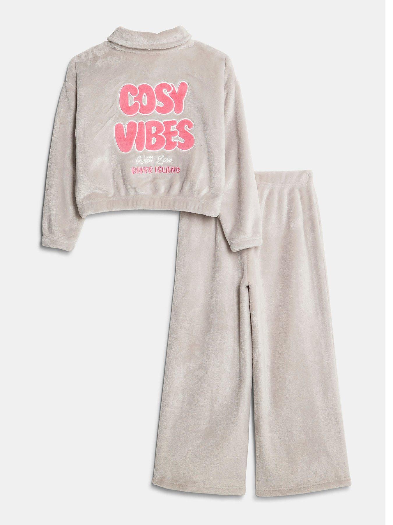Image 2 of 5 of River Island Older Girls Cosy Vibes Back Print Velour Loungewear Set - Grey