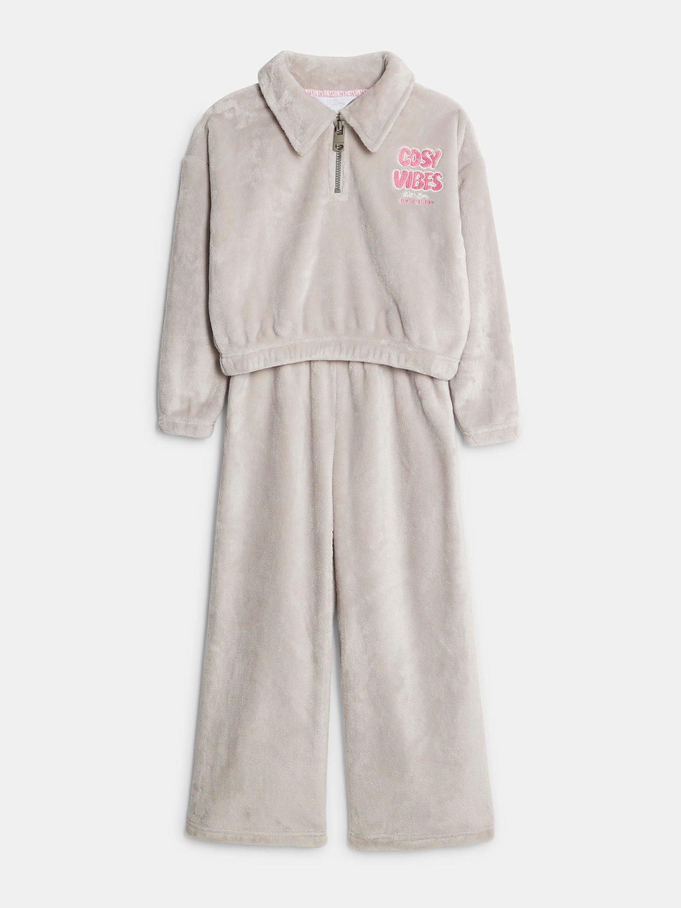 Image 3 of 5 of River Island Older Girls Cosy Vibes Back Print Velour Loungewear Set - Grey