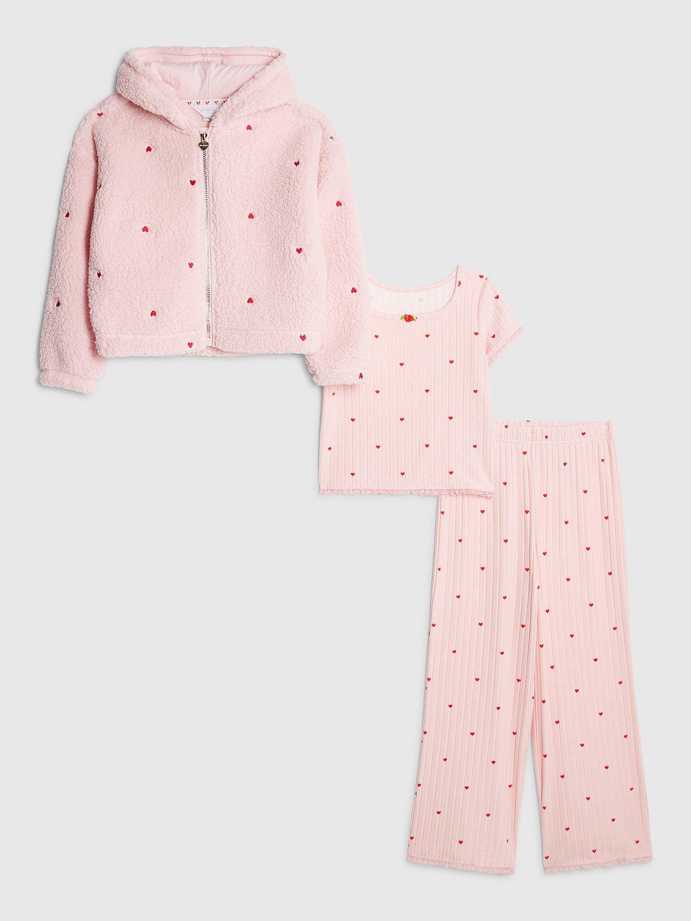 River Island Older Girls 3 Piece Heart Pyjama Hoodie Set - Pink