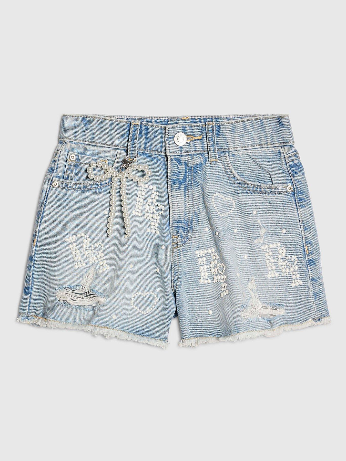 Image 1 of 4 of River Island Older Girls Pearl Bow Denim Shorts - Blue