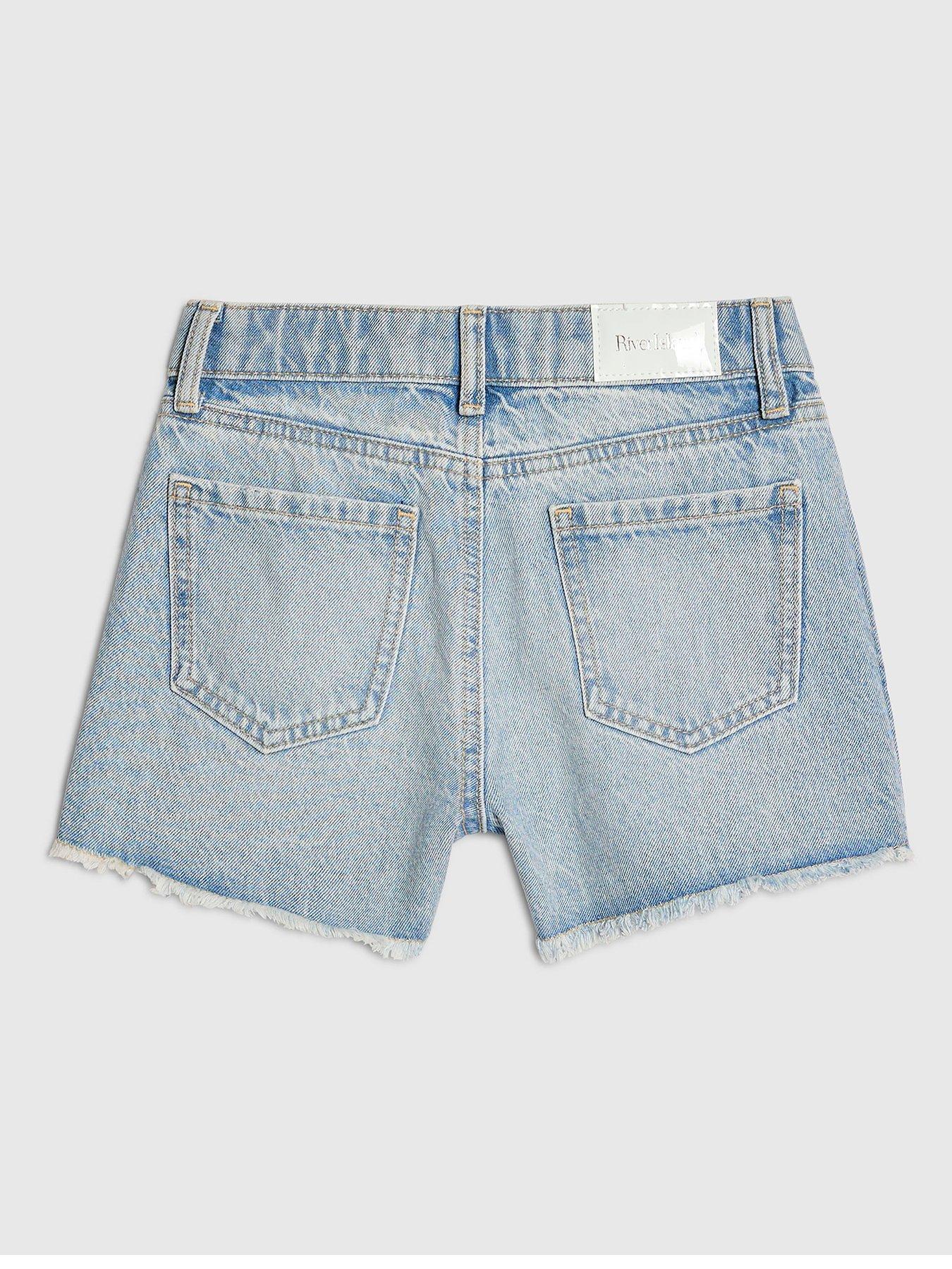 Image 2 of 4 of River Island Older Girls Pearl Bow Denim Shorts - Blue
