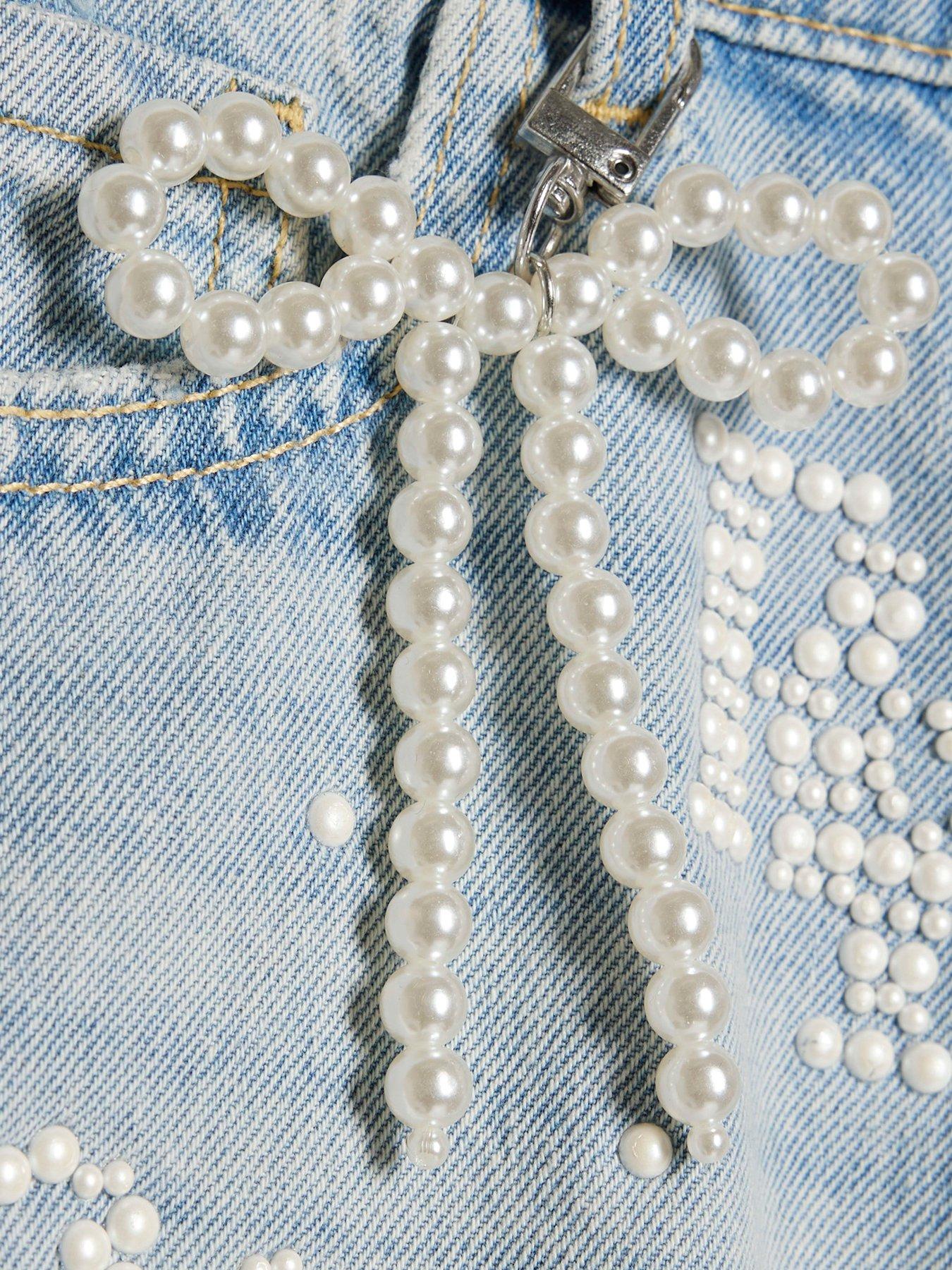Image 3 of 4 of River Island Older Girls Pearl Bow Denim Shorts - Blue