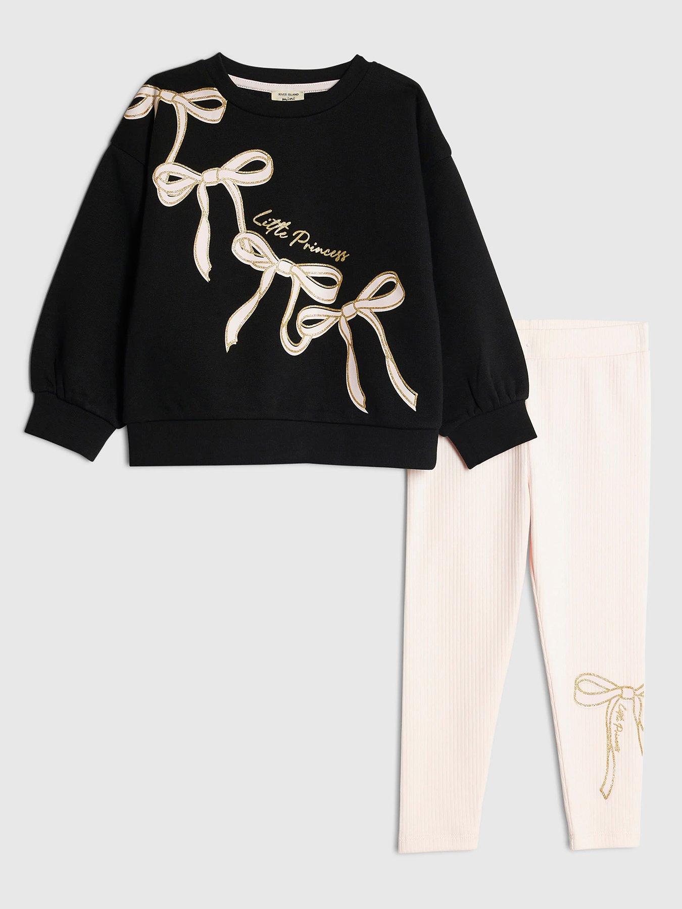  image of river-island-mini-girls-bow-sweatshirt-set-black