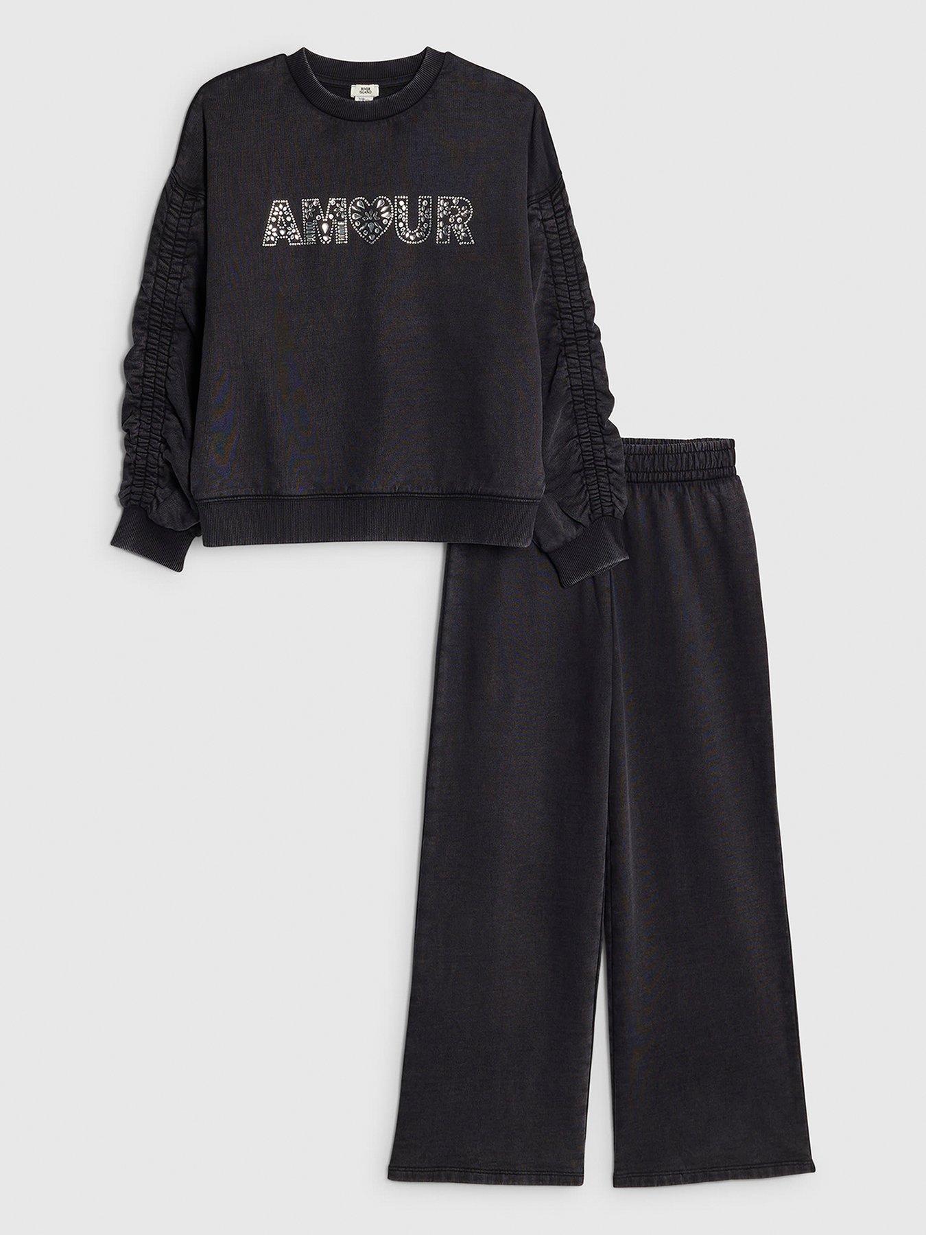 Image 1 of 4 of River Island Older Girls Washed Amour Sweatshirt Set - Grey