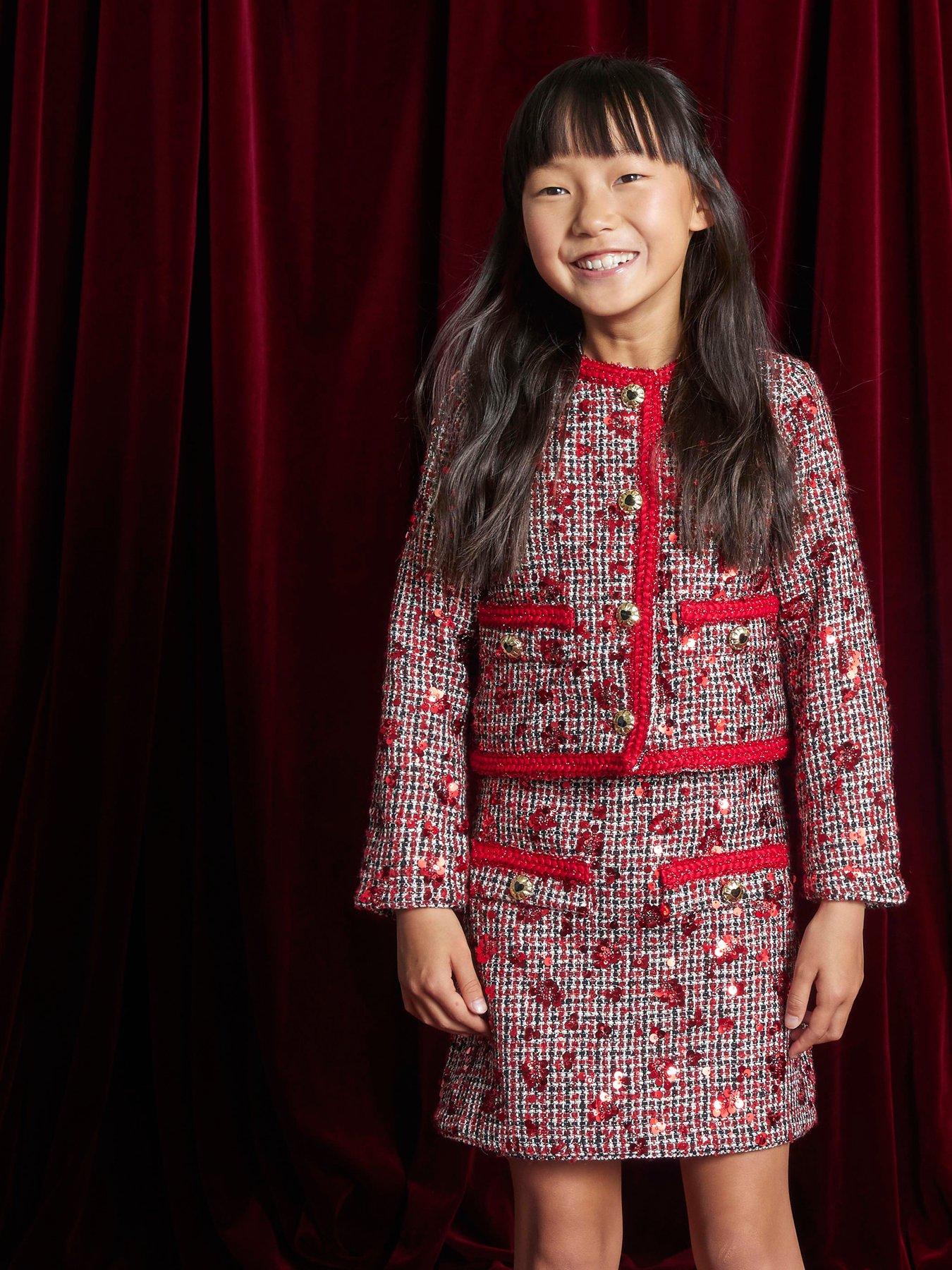 River Island Older Girls Boucle Jacket And Skirt Set - Red