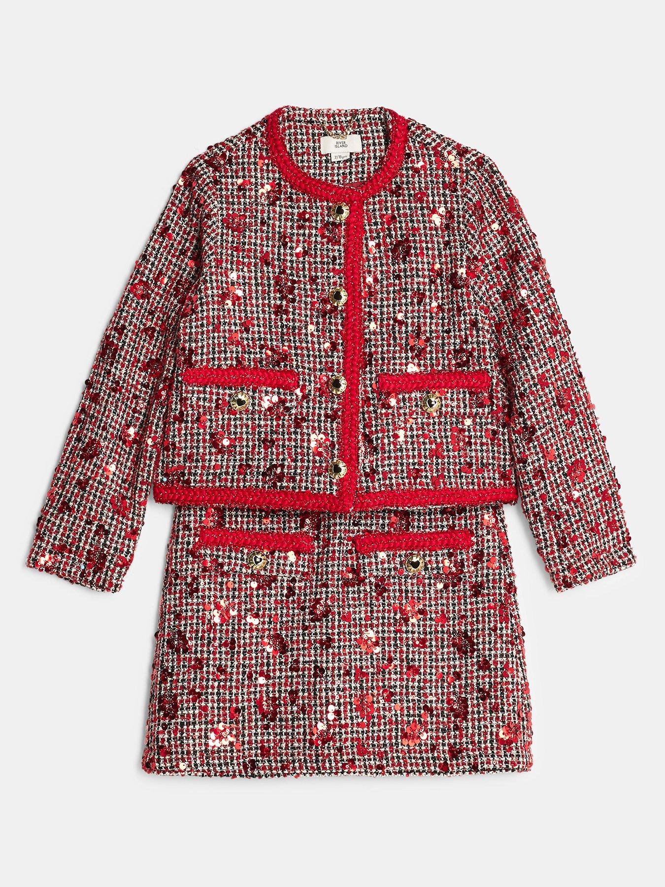  image of river-island-older-girls-boucle-jacket-and-skirt-set-red
