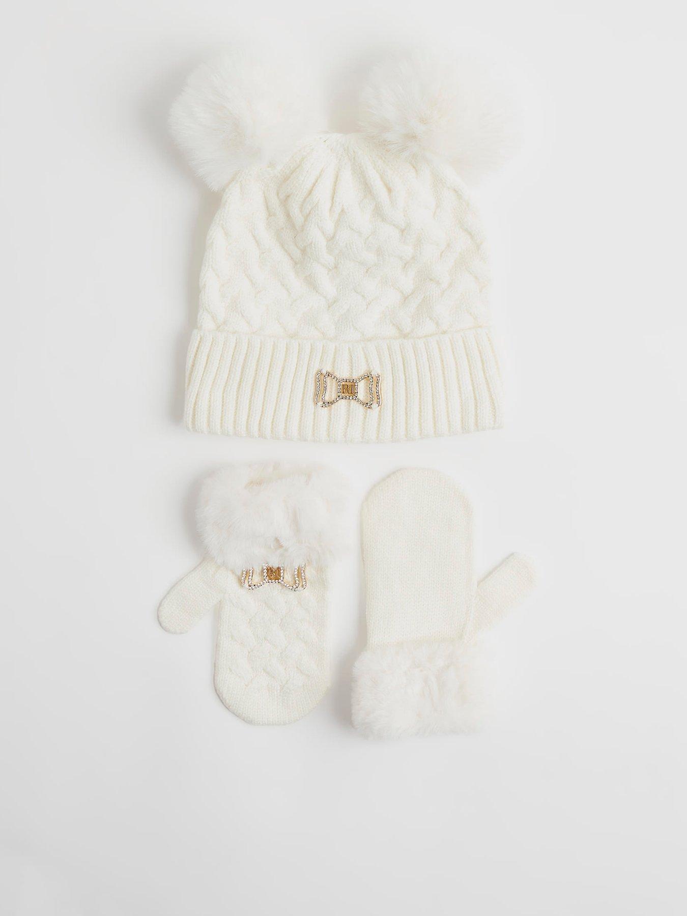 front image of river-island-mini-girls-bow-beanie-and-mittens-set-cream