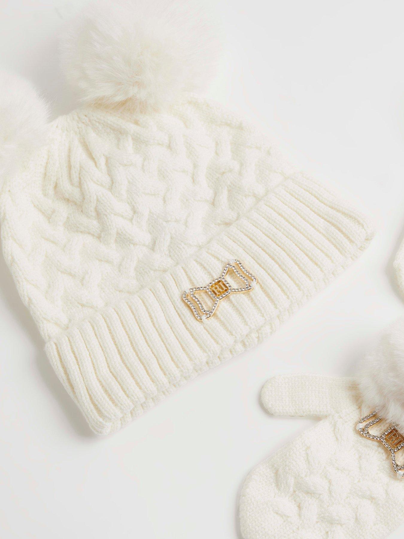  image of river-island-mini-girls-bow-beanie-and-mittens-set-cream