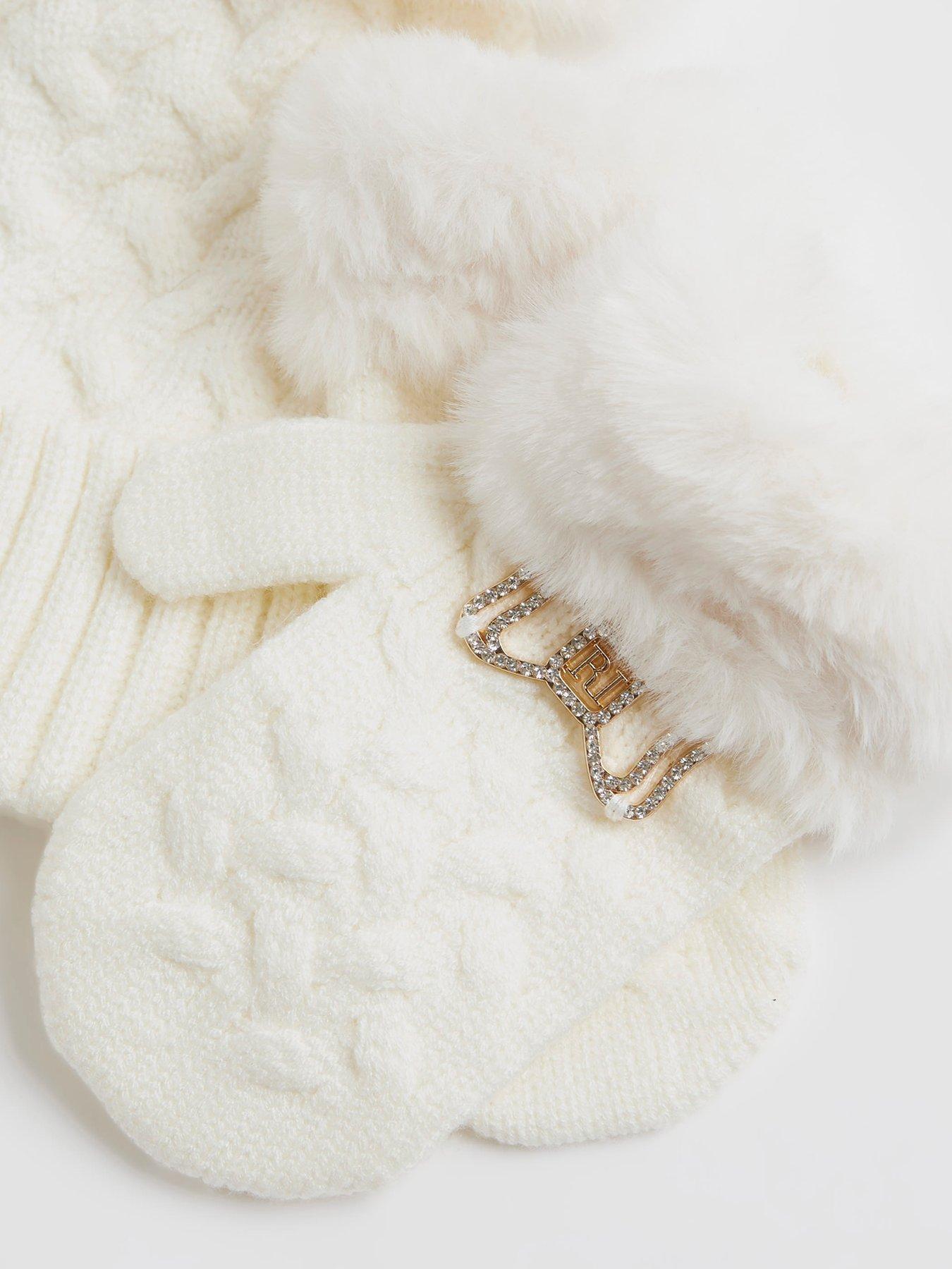  image of river-island-mini-girls-bow-beanie-and-mittens-set-cream