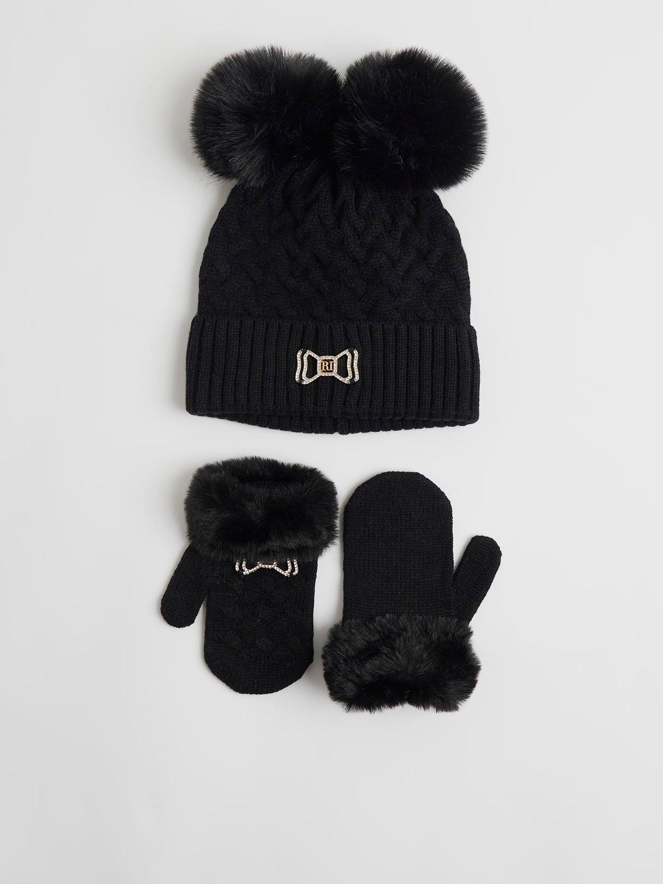 Image 1 of 3 of River Island Mini Girls Bow Beanie And Mittens Set - Black