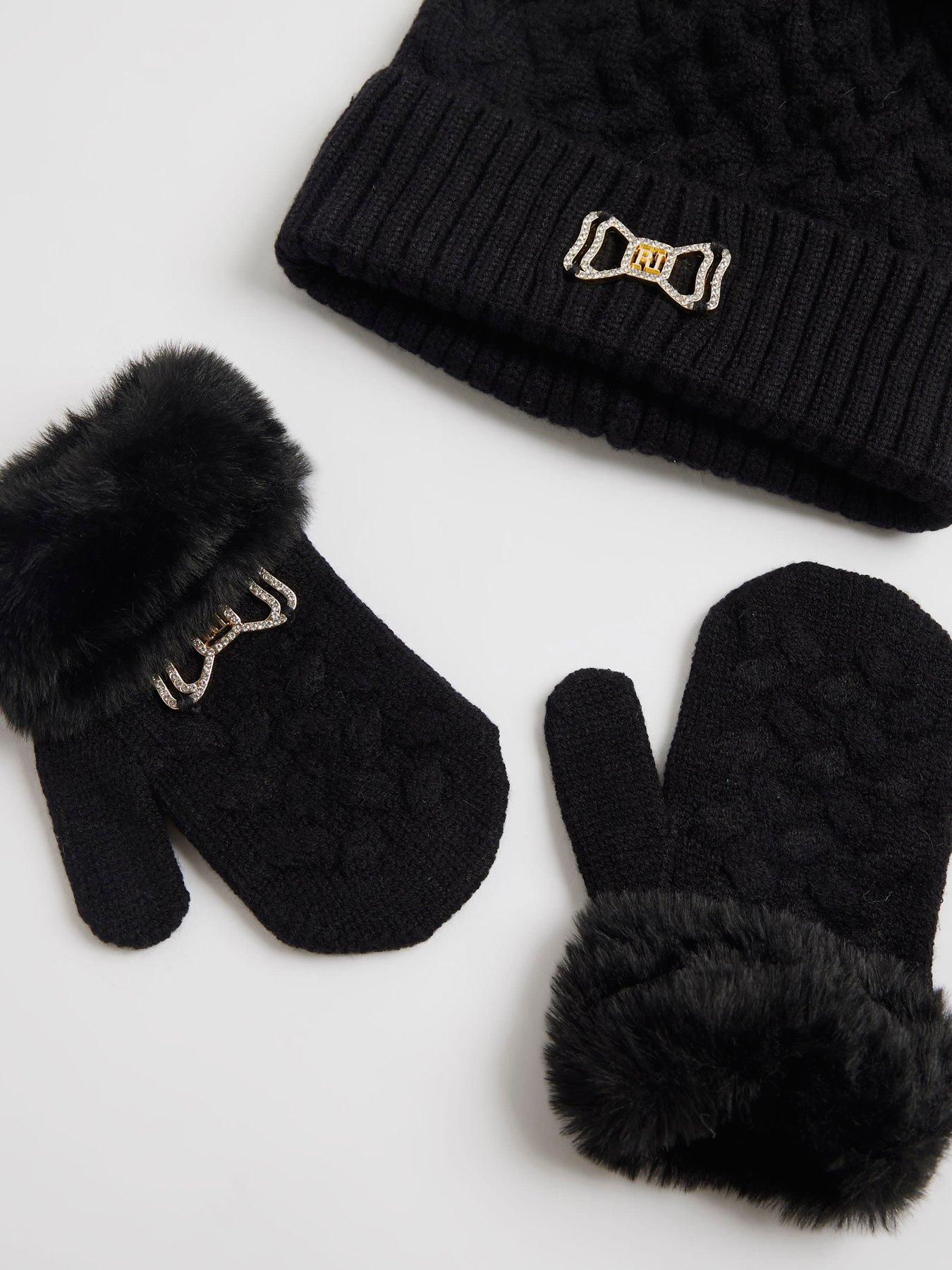 Image 2 of 3 of River Island Mini Girls Bow Beanie And Mittens Set - Black