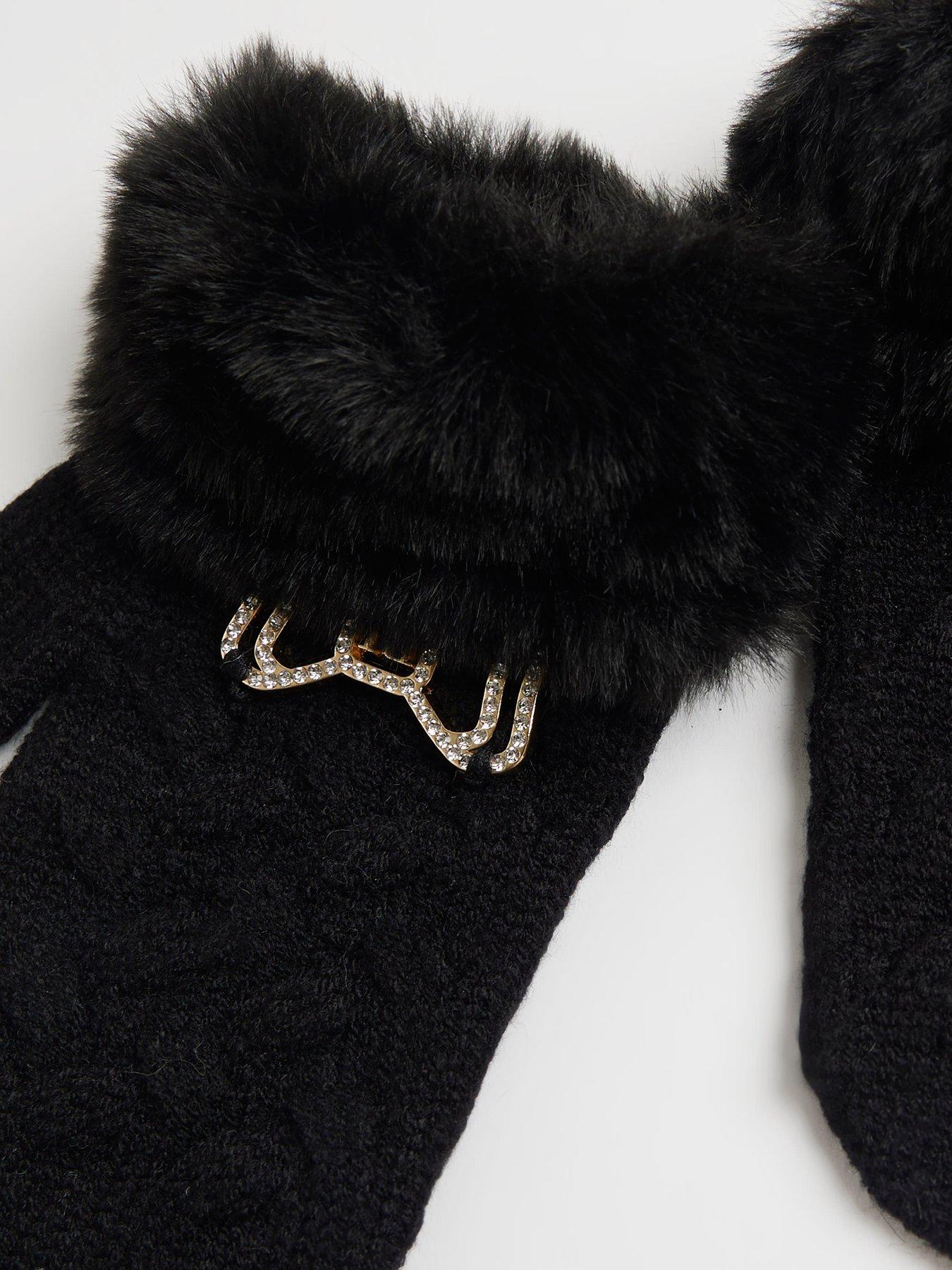 Image 3 of 3 of River Island Mini Girls Bow Beanie And Mittens Set - Black