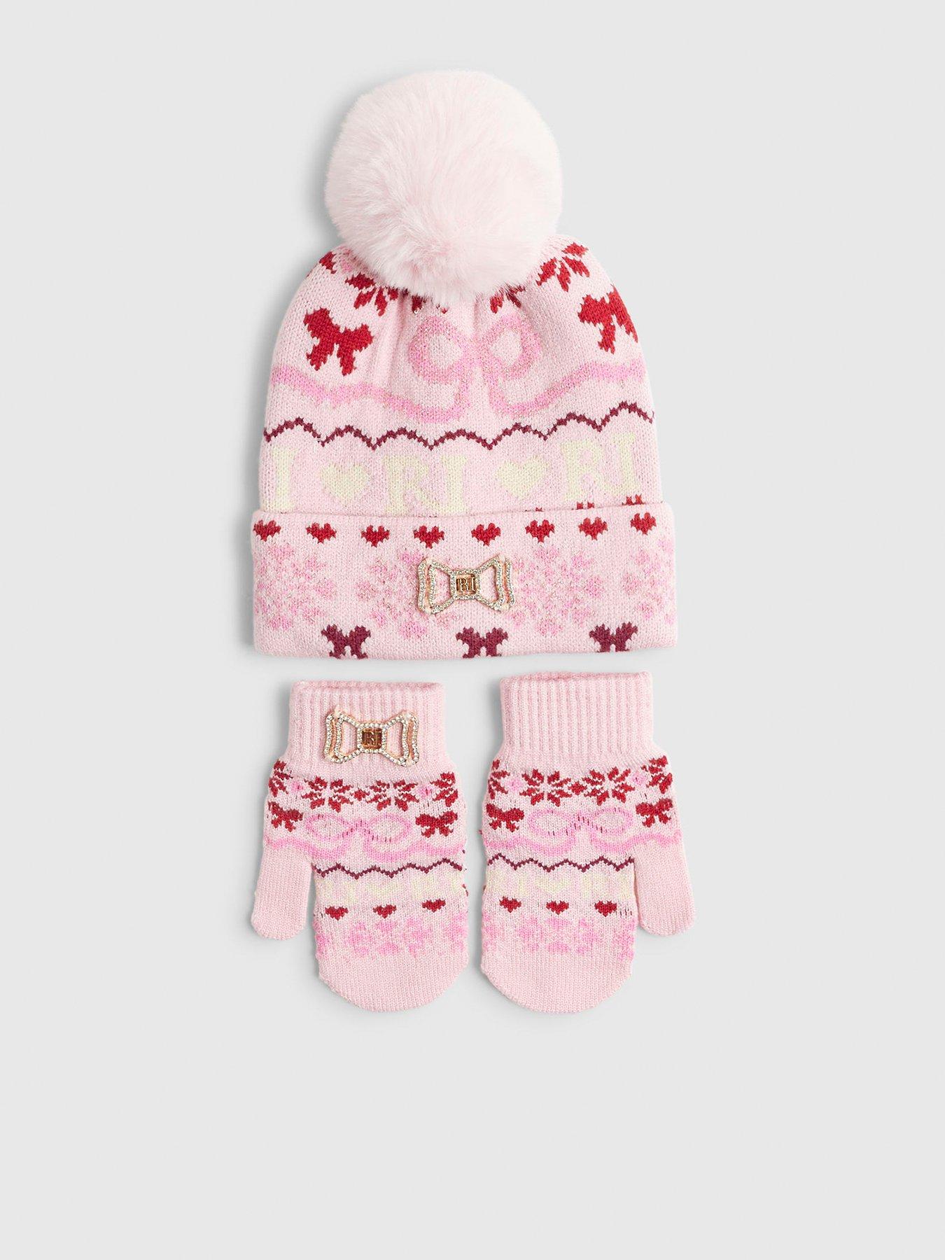  image of river-island-mini-girls-bow-fairisle-beanie-hat-set-pink