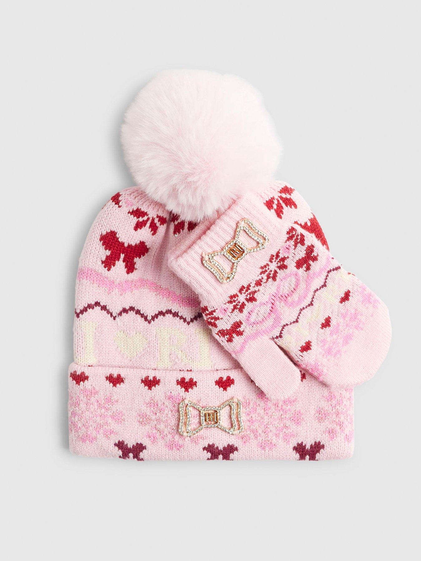  image of river-island-mini-girls-bow-fairisle-beanie-hat-set-pink