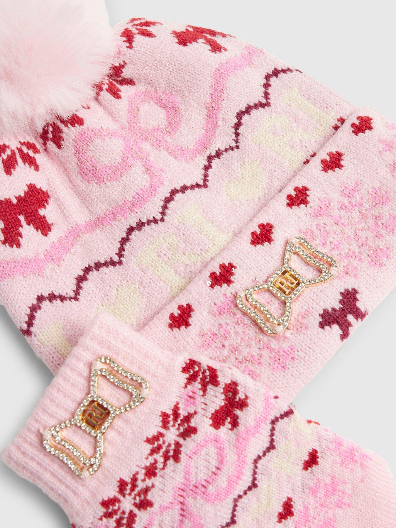  image of river-island-mini-girls-bow-fairisle-beanie-hat-set-pink