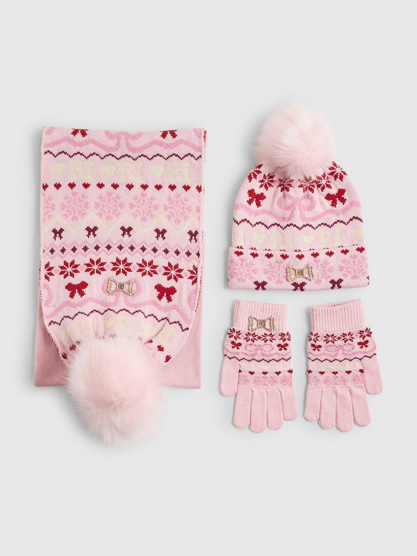 River Island Older Girls Bow Fairisle 3 Piece Beanie Bundle - Pink