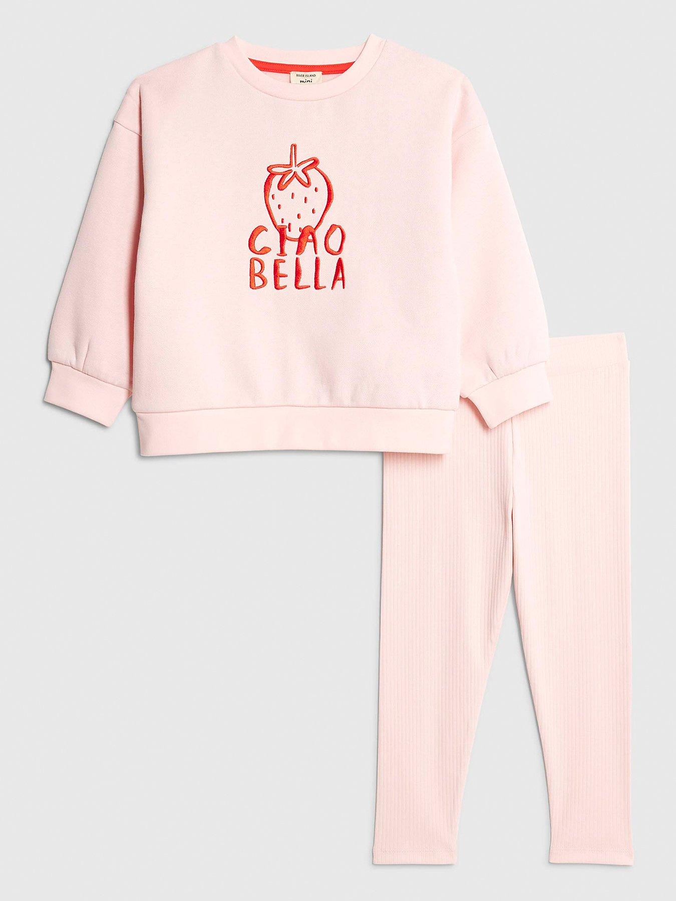 Image 1 of 5 of River Island Mini Girls Ciao Bella Strawberry Back Print Sweatshirt Set - Pink