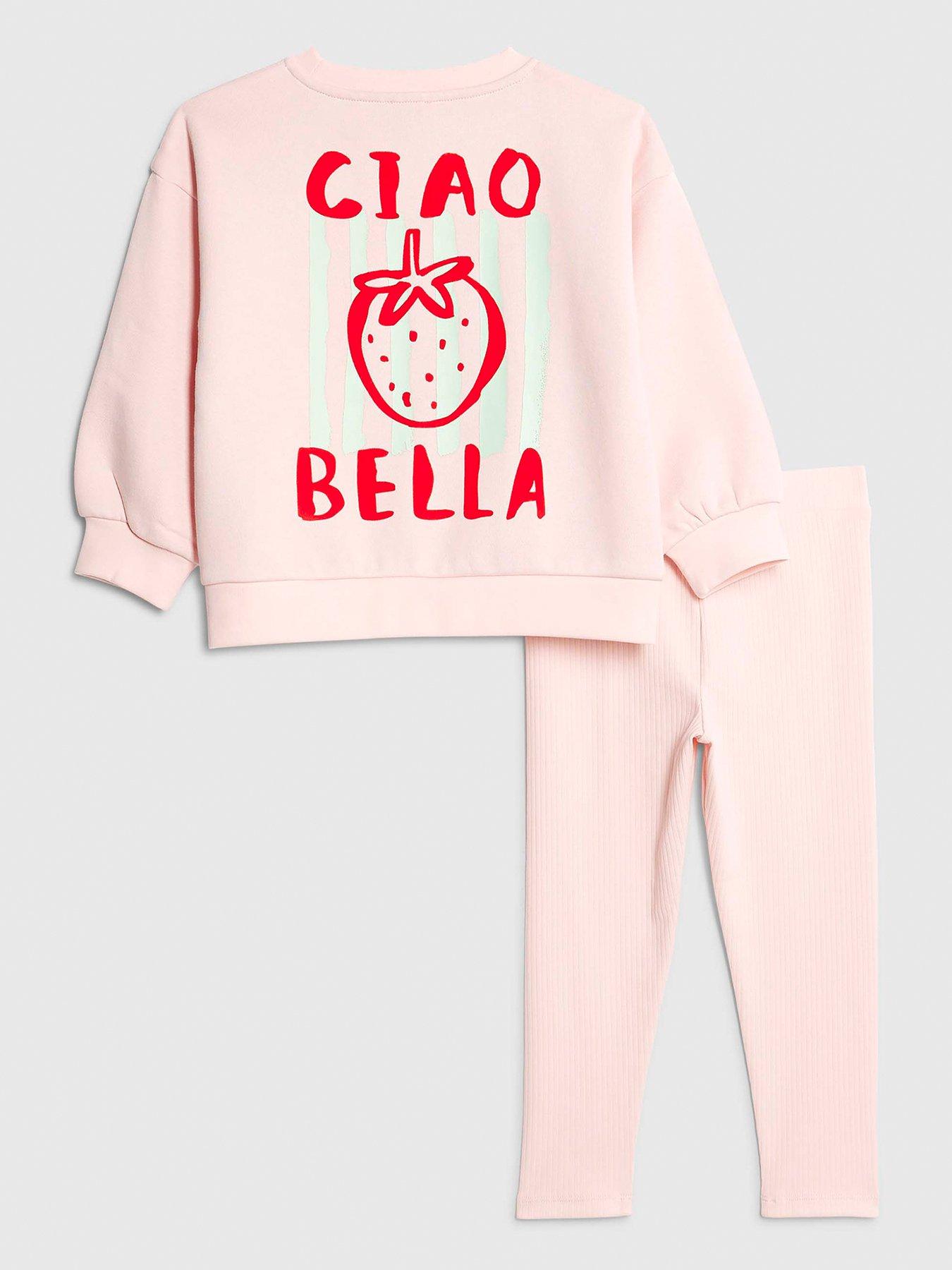 Image 2 of 5 of River Island Mini Girls Ciao Bella Strawberry Back Print Sweatshirt Set - Pink
