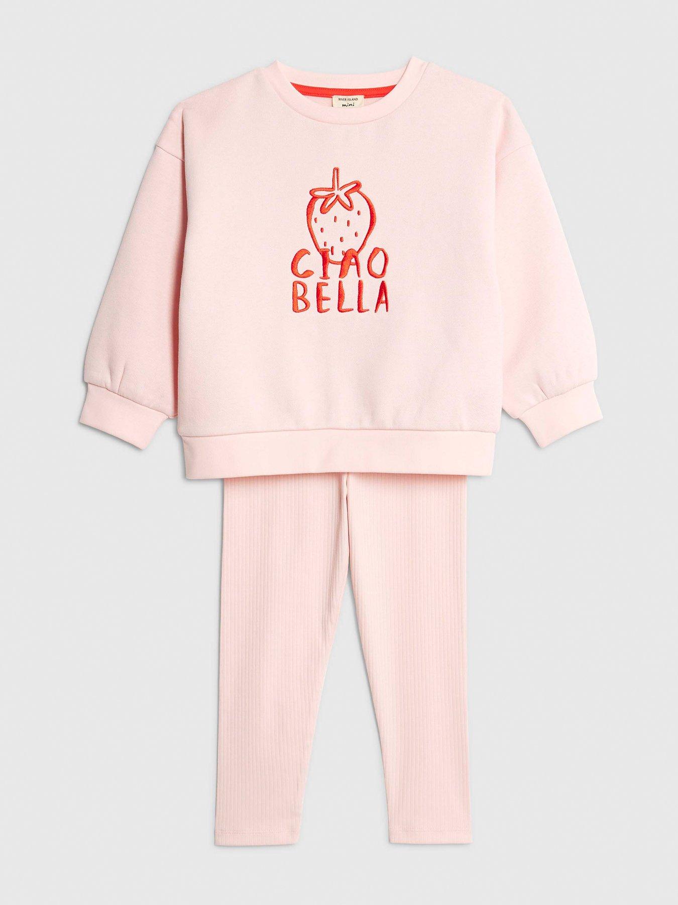 Image 3 of 5 of River Island Mini Girls Ciao Bella Strawberry Back Print Sweatshirt Set - Pink