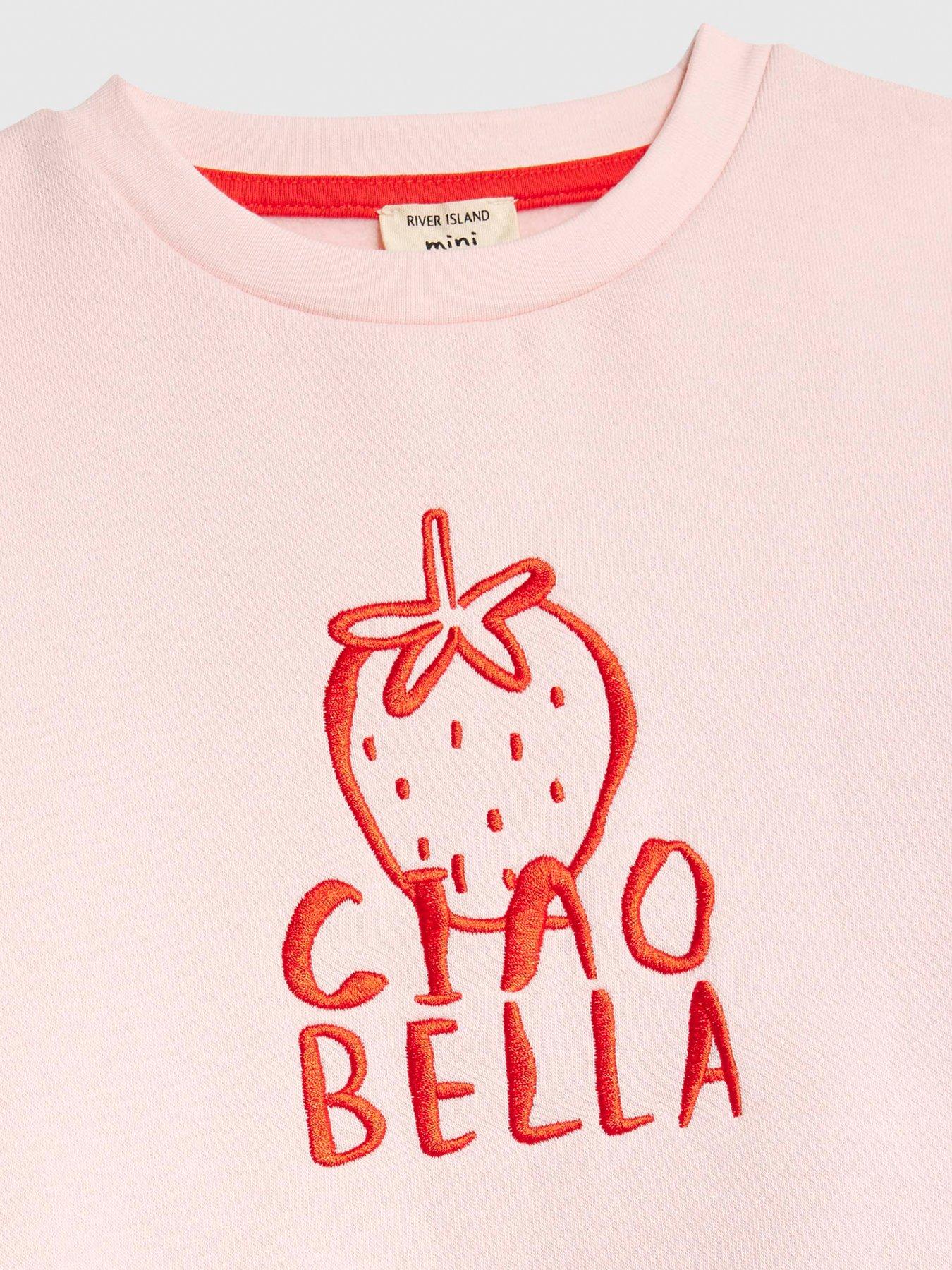Image 5 of 5 of River Island Mini Girls Ciao Bella Strawberry Back Print Sweatshirt Set - Pink