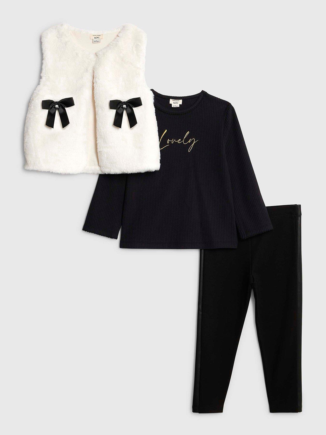 River Island Mini Girls Faux Fur Bow Gilet Set - Black/Cream