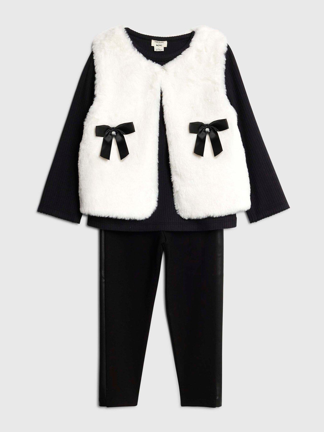  image of river-island-mini-girls-faux-fur-bow-gilet-set-blackcream