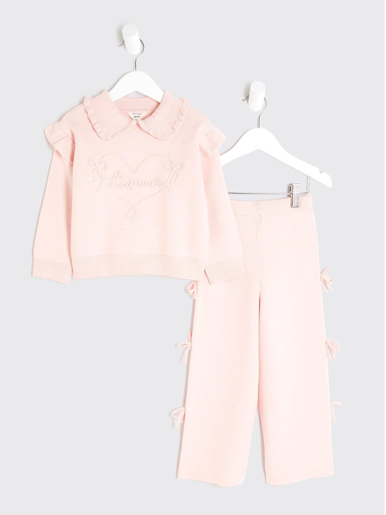  image of river-island-mini-mini-girls-lamour-bow-top-amp-trousers-set-pink