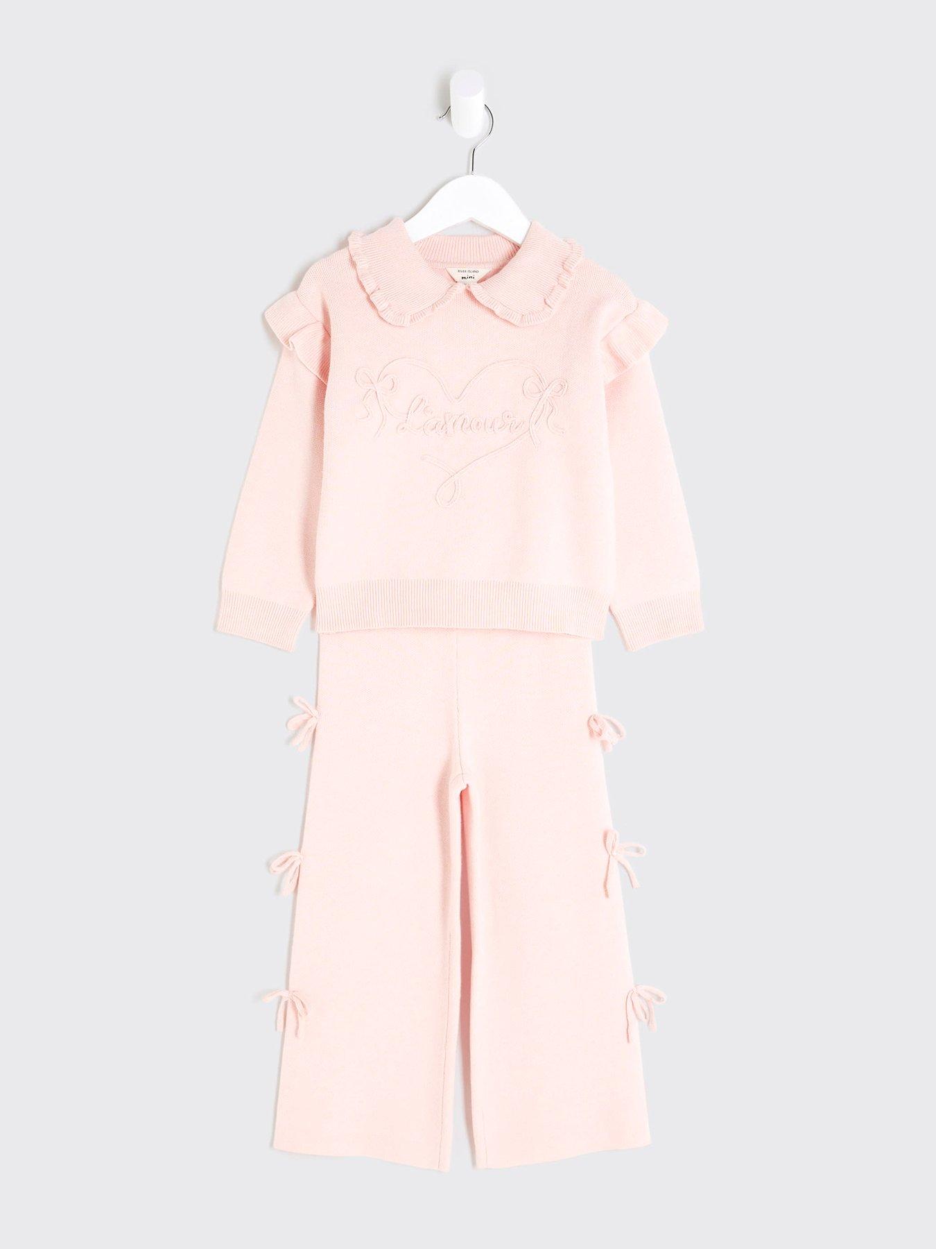  image of river-island-mini-mini-girls-lamour-bow-top-amp-trousers-set-pink