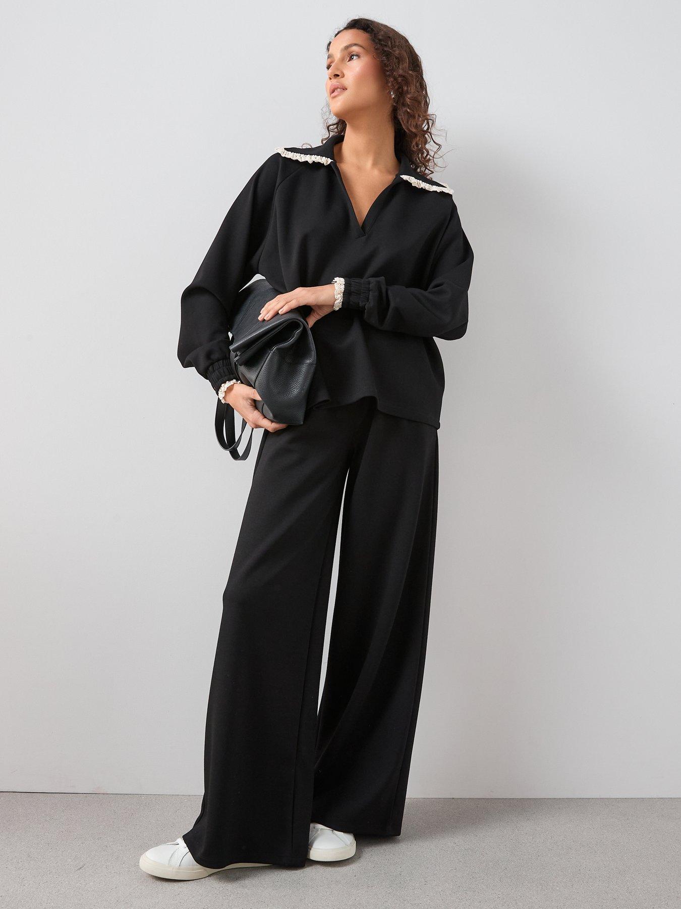 Image 3 of 6 of The Very Collection Wide Leg Lace Trim Joggers Co-Ord - Black