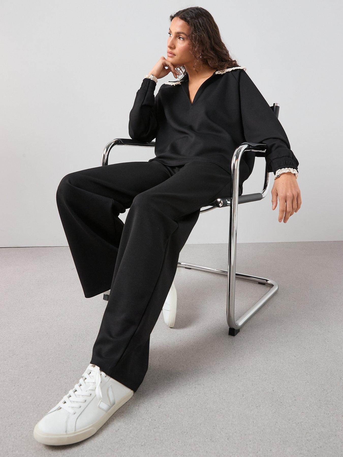 Image 6 of 6 of The Very Collection Wide Leg Lace Trim Joggers Co-Ord - Black