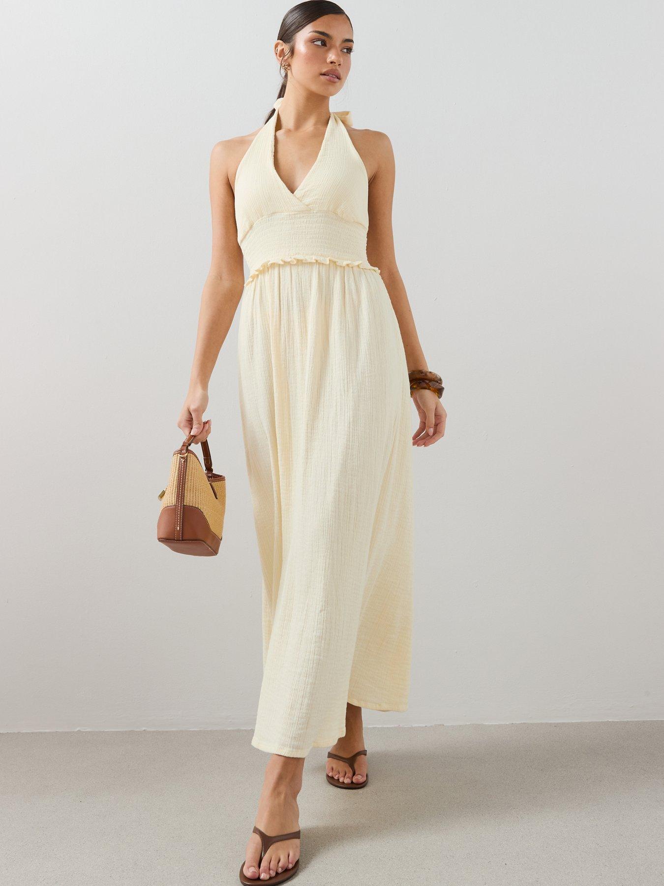 The Very Collection Cheese Cloth Halter Neck Ruched Midaxi Dress - Yellow