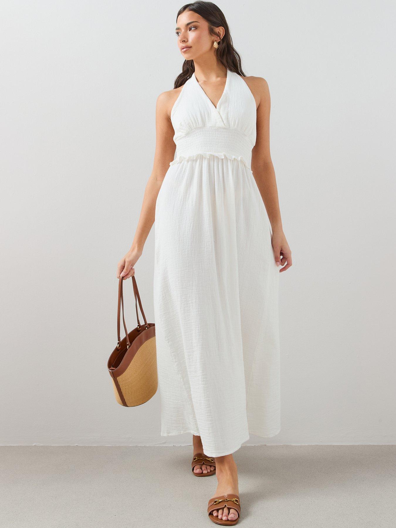 The Very Collection Cheese Cloth Halter Neck Ruched Midaxi Dress - White