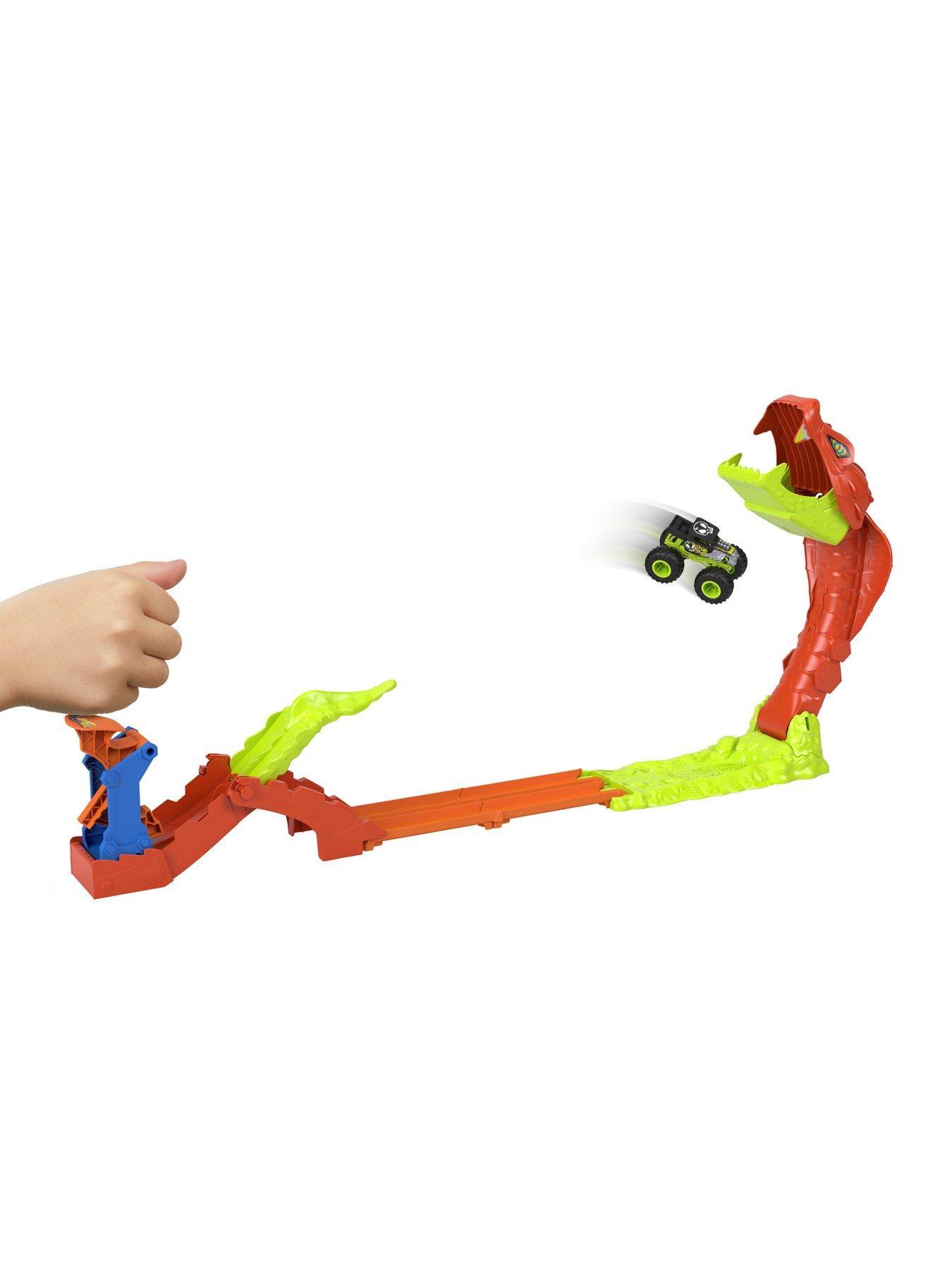  image of hot-wheels-hot-wheels-monster-trucks-snake-slam-takedown-playset-with-164-scale-bone-shaker-toy-vehicle
