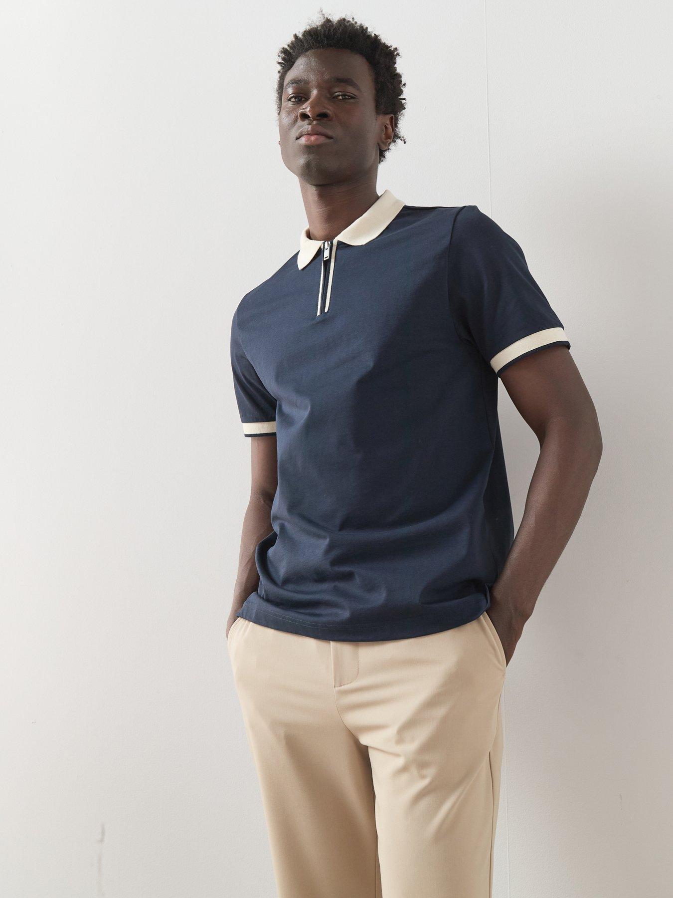 The Very Collection Pure Cotton Contrast Collar Zip Neck Polo Shirt - Navy