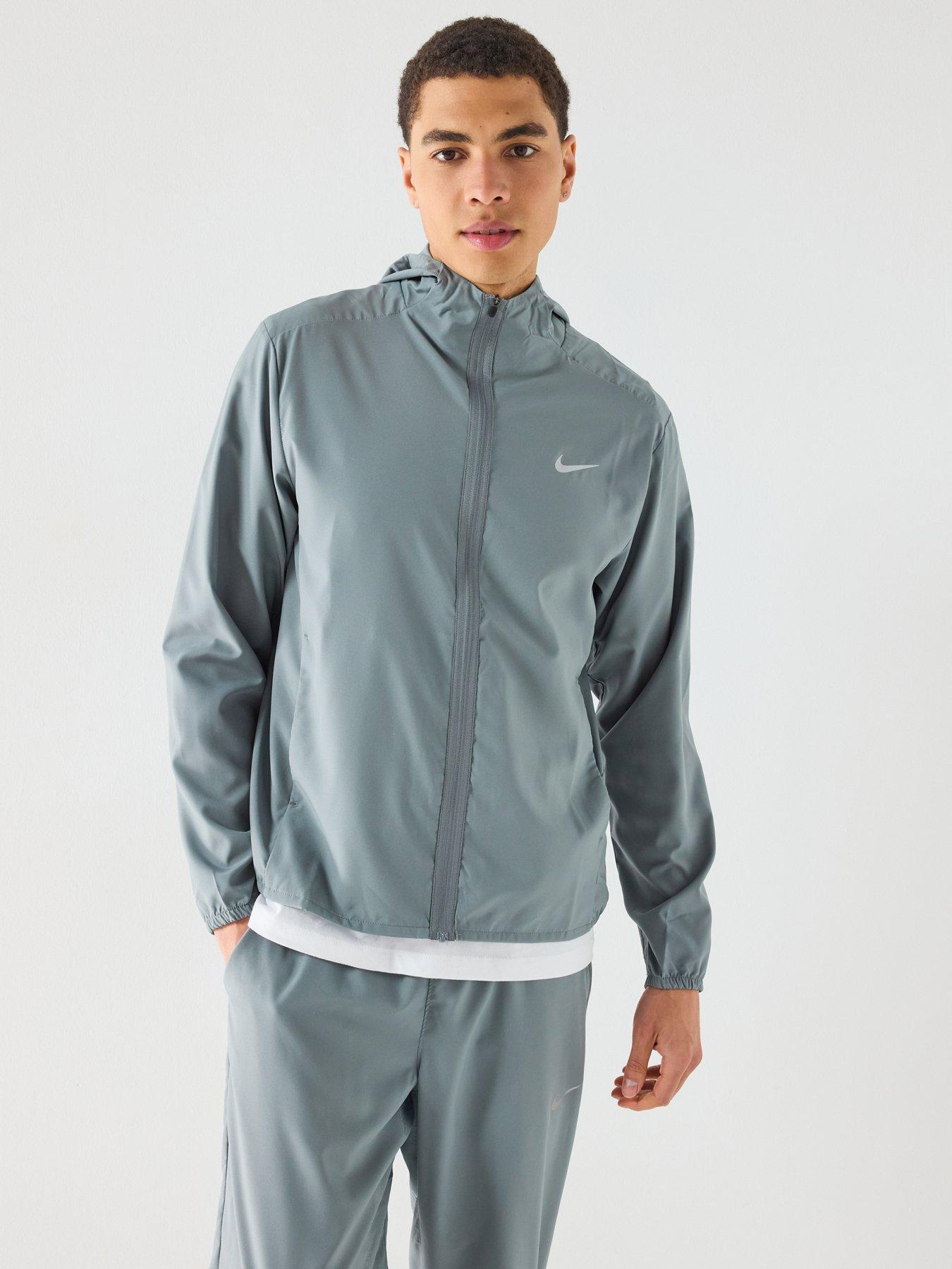 front image of nike-mens-training-dri-fit-hooded-versatile-jacket-grey