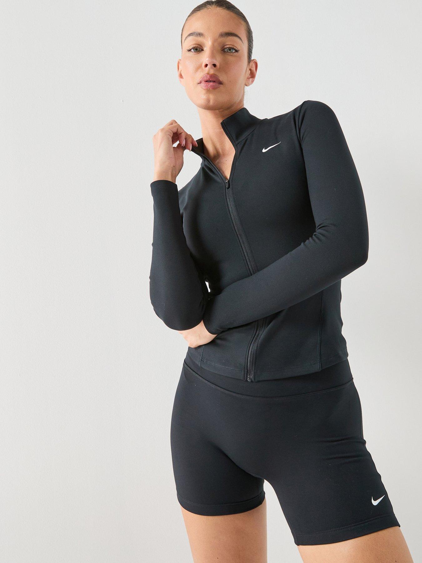 front image of nike-womens-training-one-dri-fit-full-zip-fitted-jacket-blackwhite