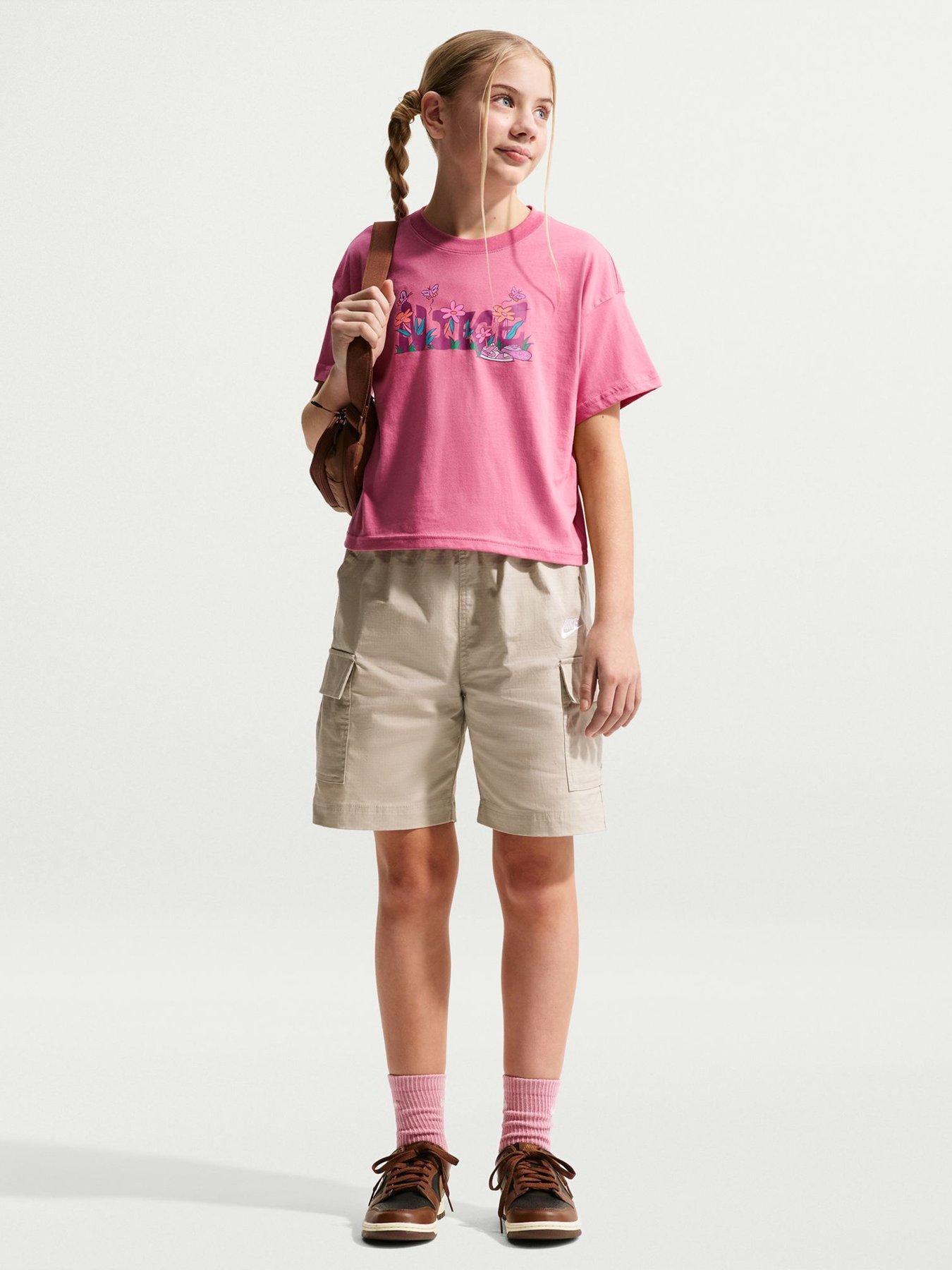 Nike Big Kids Girls Sportswear Boxy Camp T-Shirt - Pink