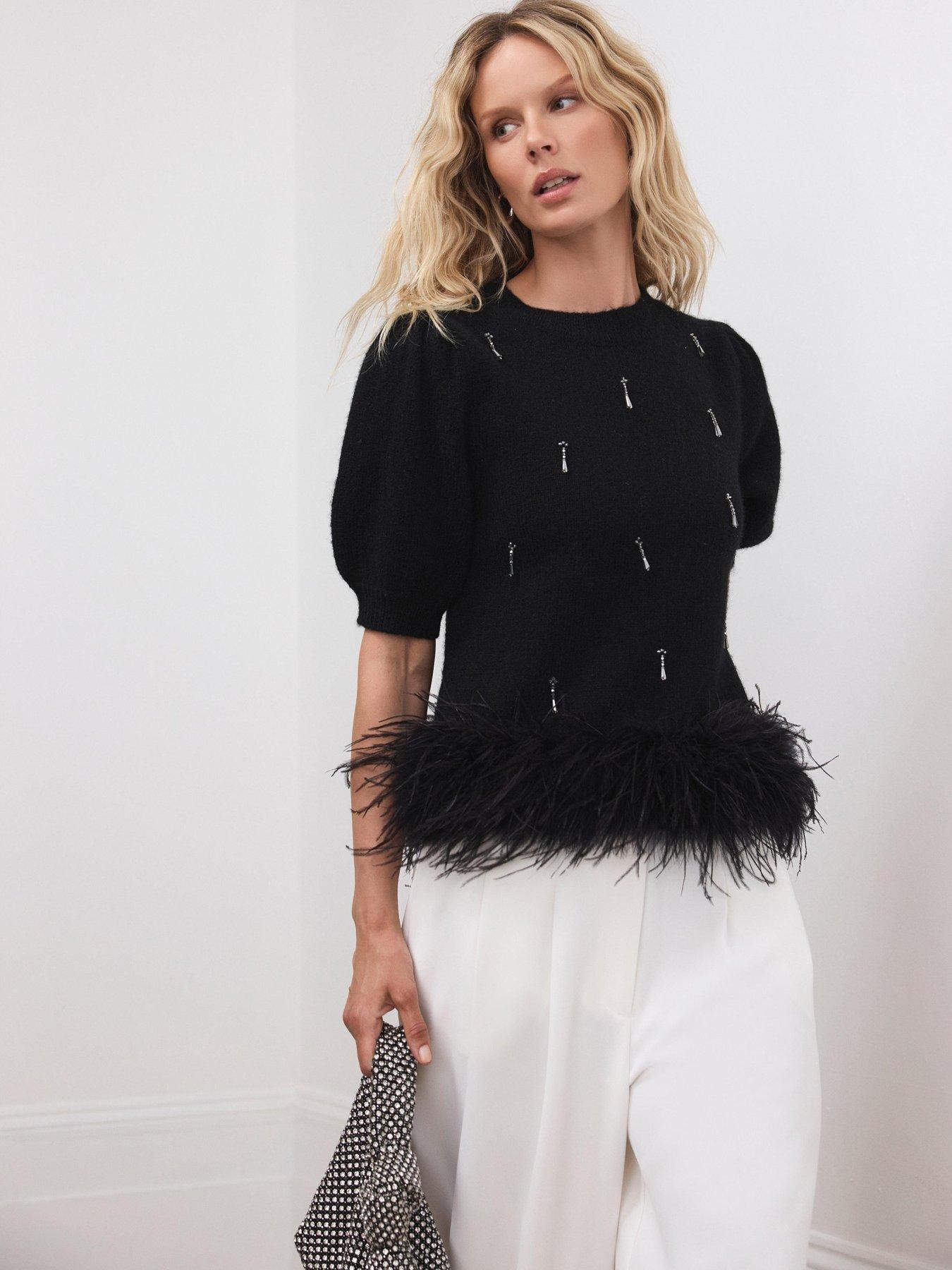 Mint Velvet Feather Trim Top - Black