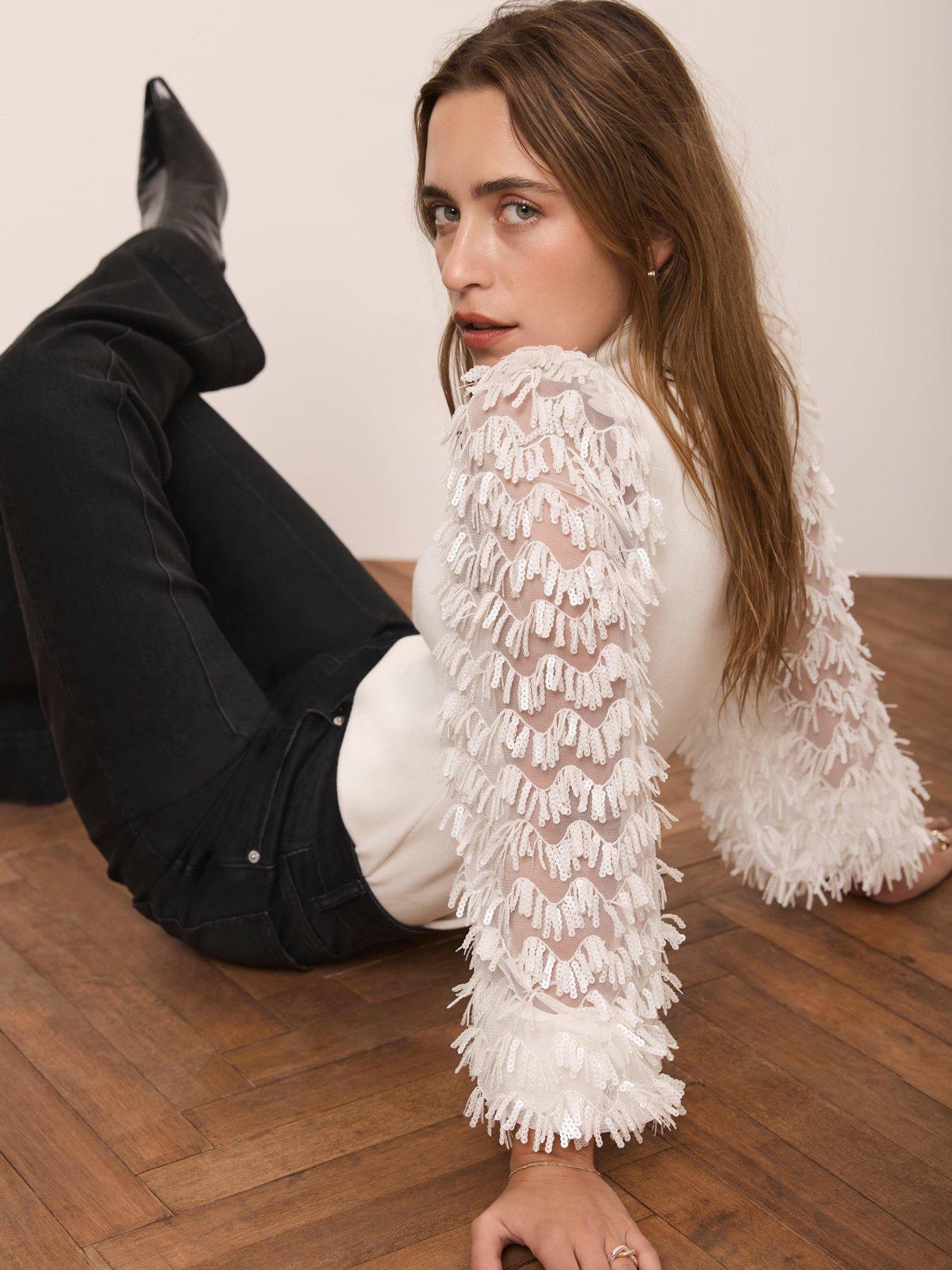  image of mint-velvet-ivory-fringe-sleeve-jumper-white