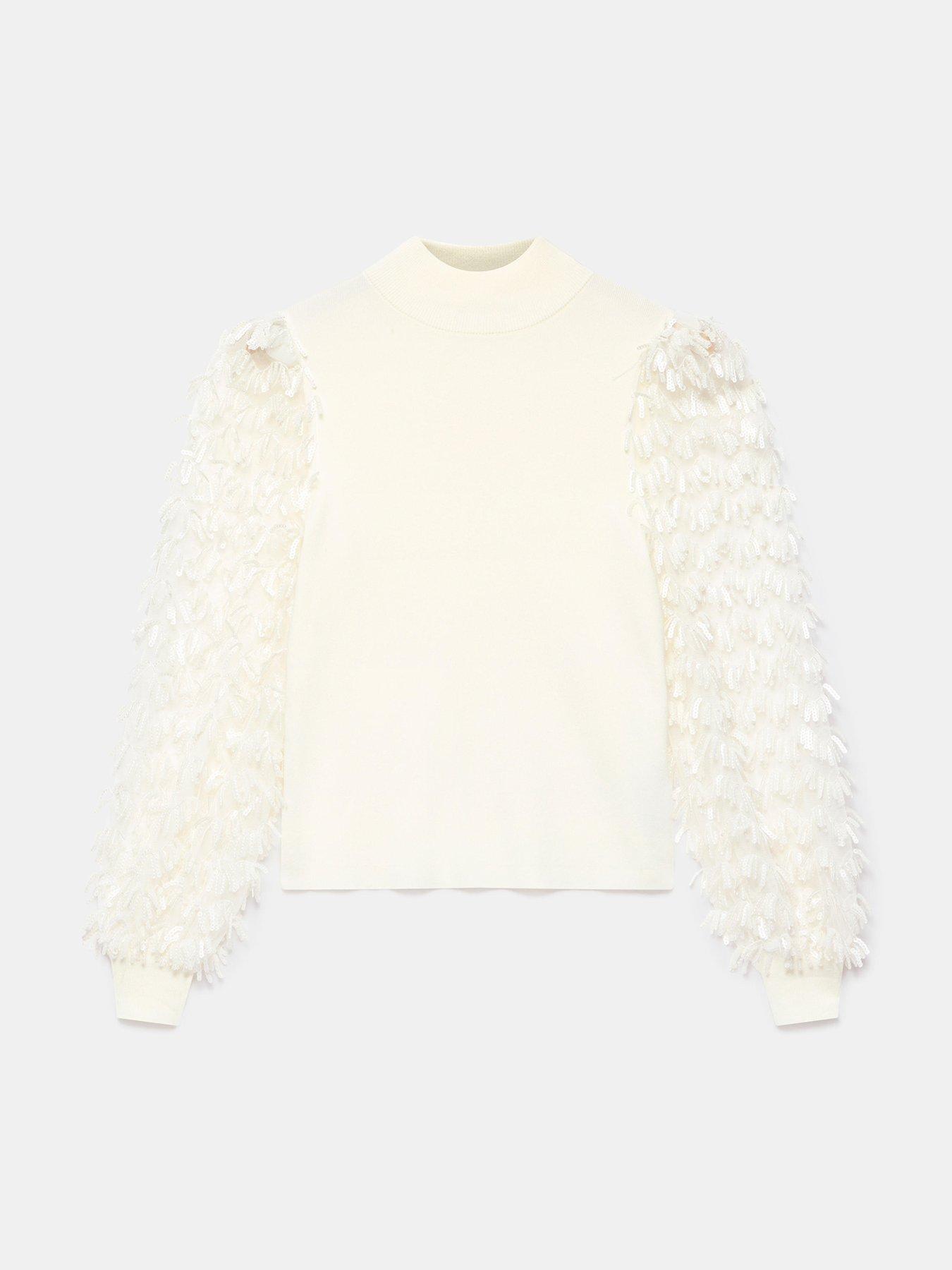  image of mint-velvet-ivory-fringe-sleeve-jumper-white